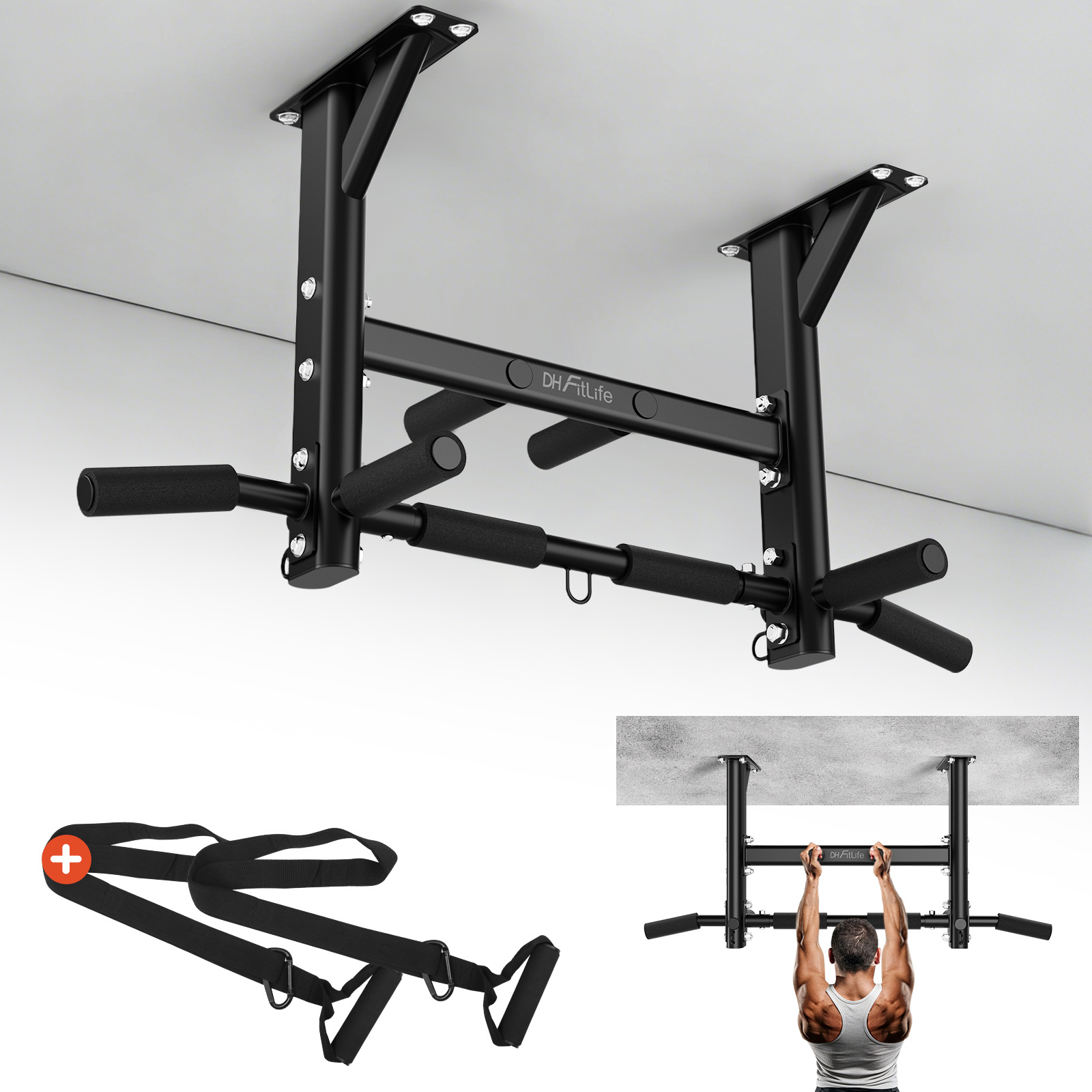 4-in-1 Ceiling-mounted Pull-up Bar – Multifunctional Pull-up Bar Up To 200 Kg, 8 Slip-resistant Grips, 3 Eyelets For Punching Bag & Suspension Trainer, Stable & Safe For Home Use