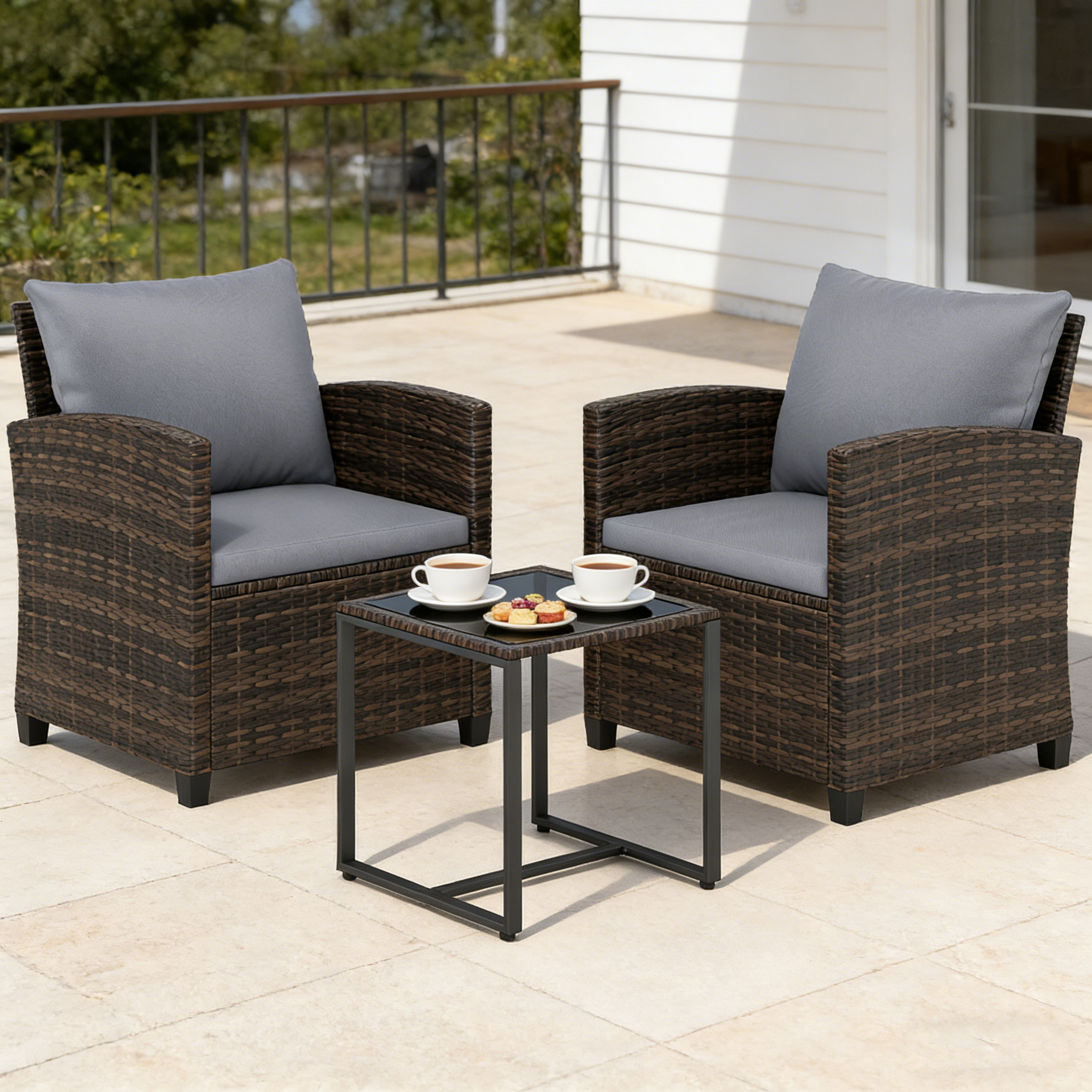 Image of 3-piece Garden Furniture Set, 2 Upholstered Armchairs With Tempered Glass Coffee Table, Outdoor Seating Group With Metal Frame And Soft Cushions, Patio Furniturel
