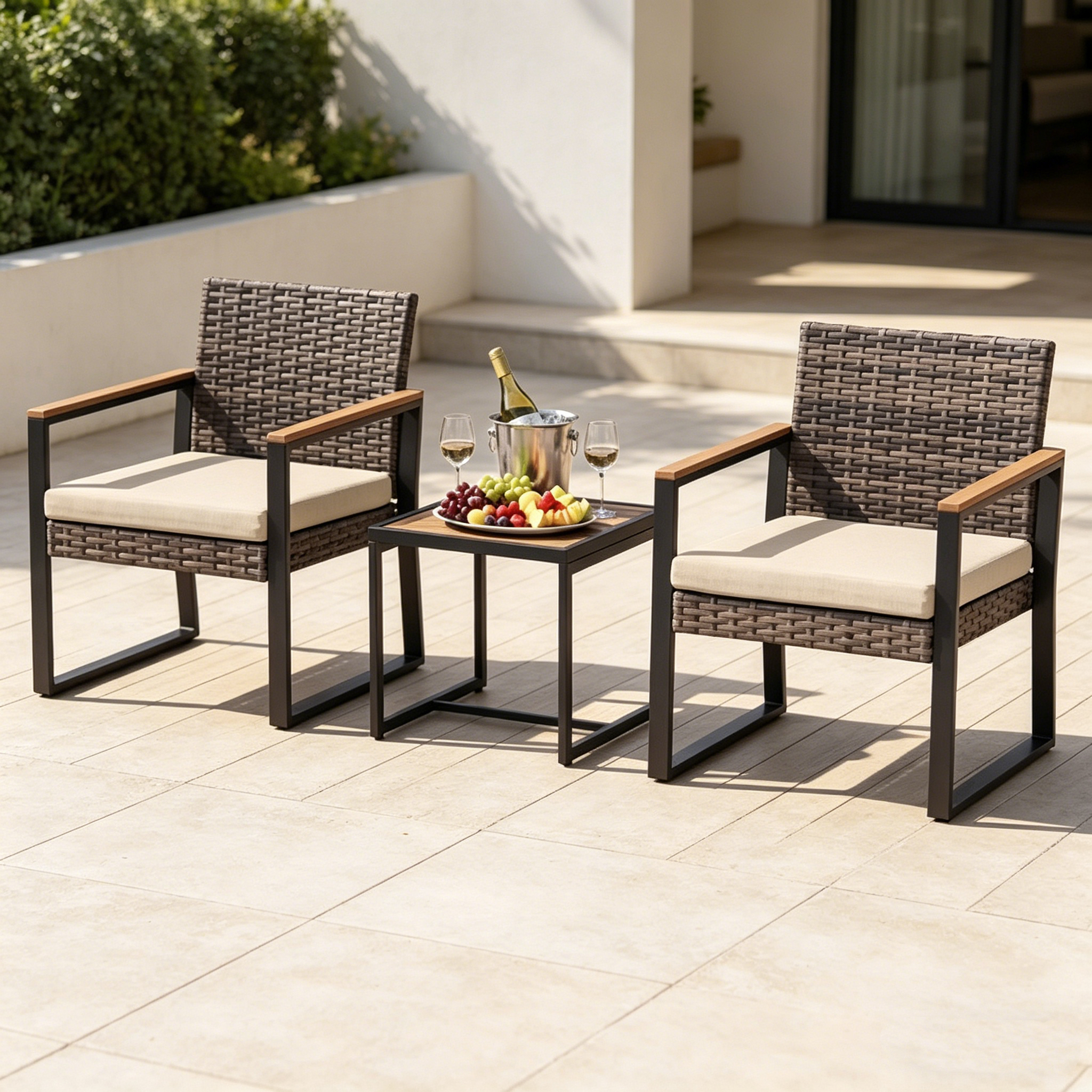 Image of Balcony Furniture Set, Garden Furniture Set Made Of Pe Polyrattan With 2 Chairs, Side Table & Soft Cushions, Patio Furniture Seating Group Lounge Set For Terrace, Balcony