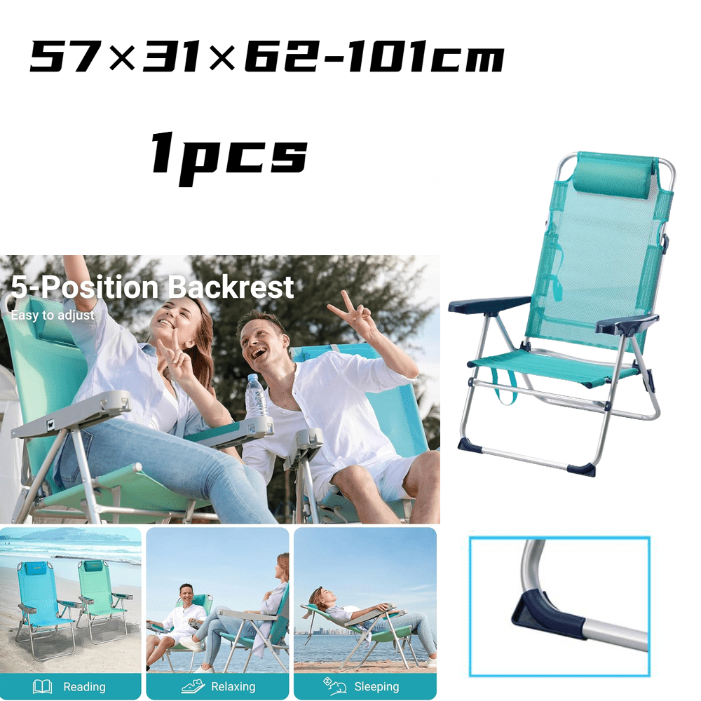 silla de playa extragrande, silla de playa plegable tipo mochila con 5 ángulos de inclinación ajustables, tamaño para  , asiento de respaldo  , con asa de transporte (57×31×62-101 cm)