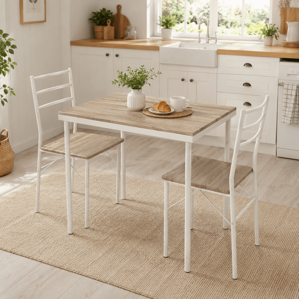 Cologne 3-piece Dining Set, 2x White Metal Chairs, 1x 80x60cm White Metal Table, Mdf Surface In Oak Finish