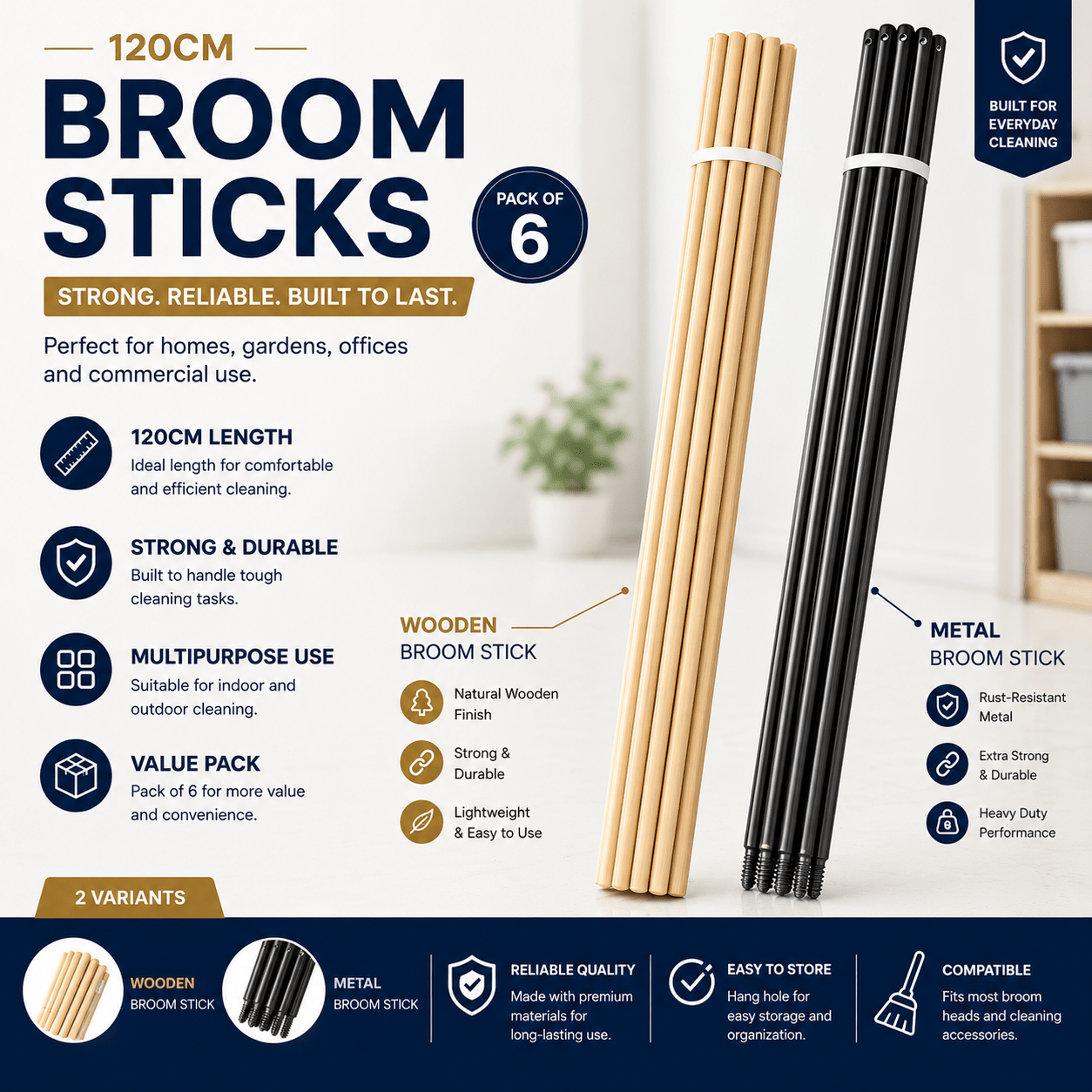TEMU Pack Of 6 Wooden / Metal Broom Handles | Multipurpose Garden Broom Shafts, Mop Handles, Broomstick Brush Poles, Plant Support Wooden Sticks For