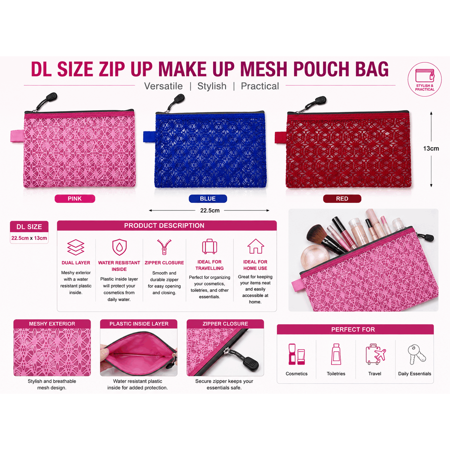 DL Size Versatile Decor Zip Mesh Plastic Pouch Bag