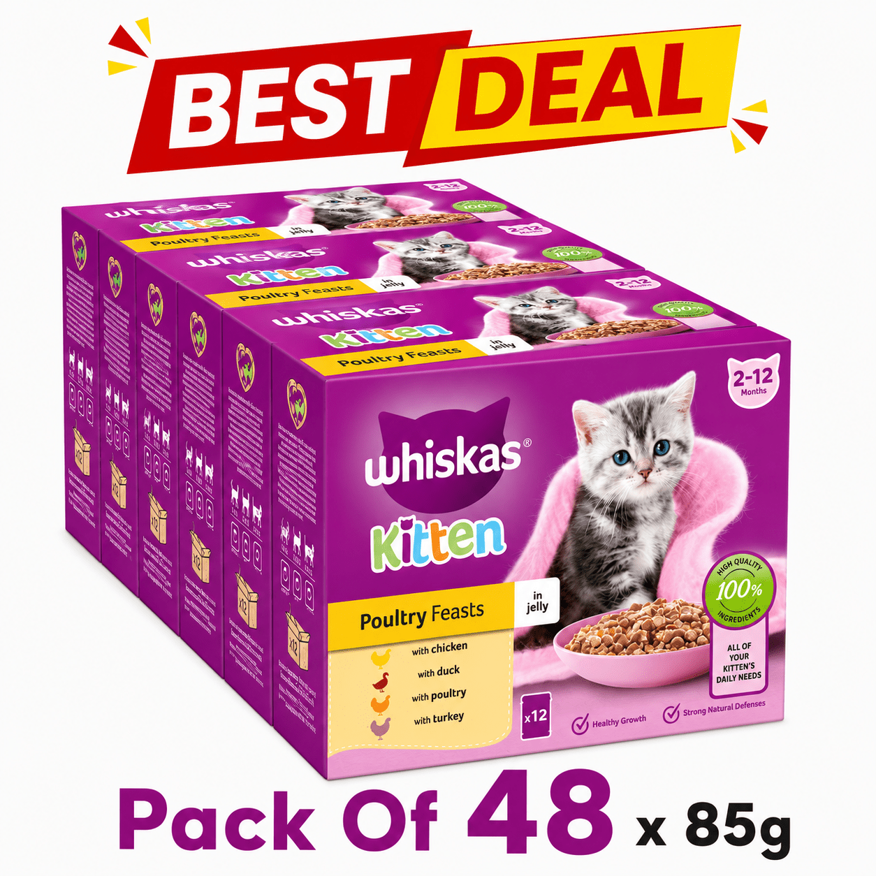 TEMU Whiskas Kitten Poultry Feasts Wet Cat Food Pouches Pack Of 48 X 85g