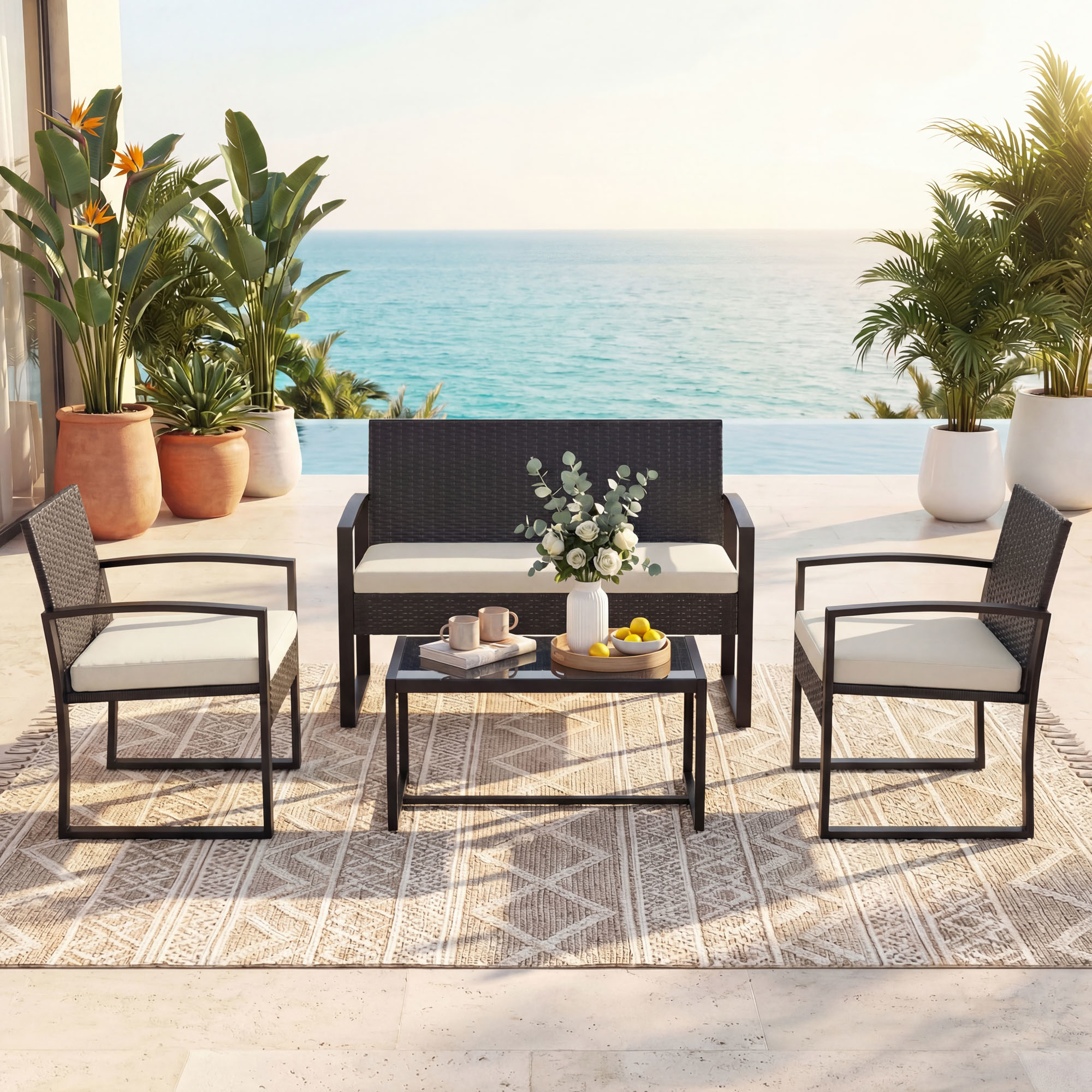 4-person Outdoor Furniture Set, Outdoor Coffee Table With 2 Armchairs, 1 Sofa, Garden Furniture With Tempered Glass Top For Terrace, Balcony, Patio, Cushions Included