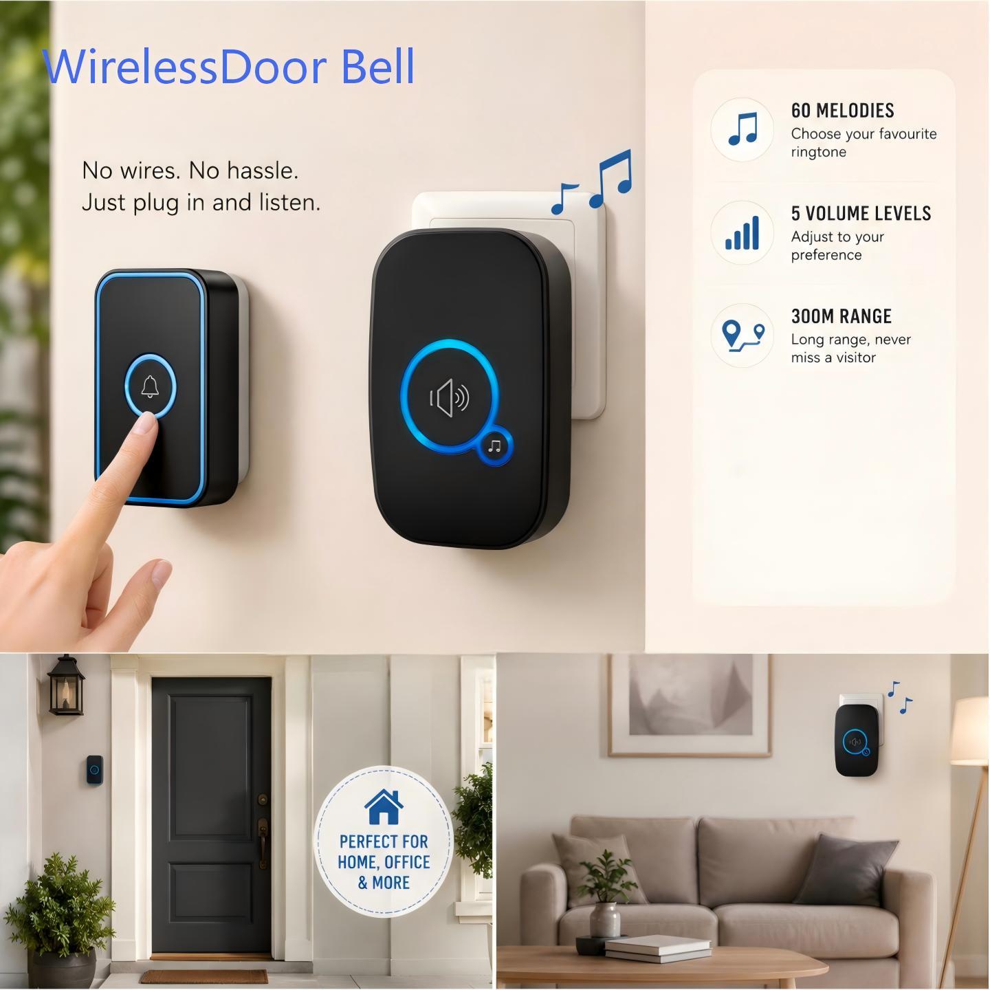 wireless doorbell long range kit 60 ringtones adjustable volume with led flash no wiring required   suitable for homes garages gardens offices etc