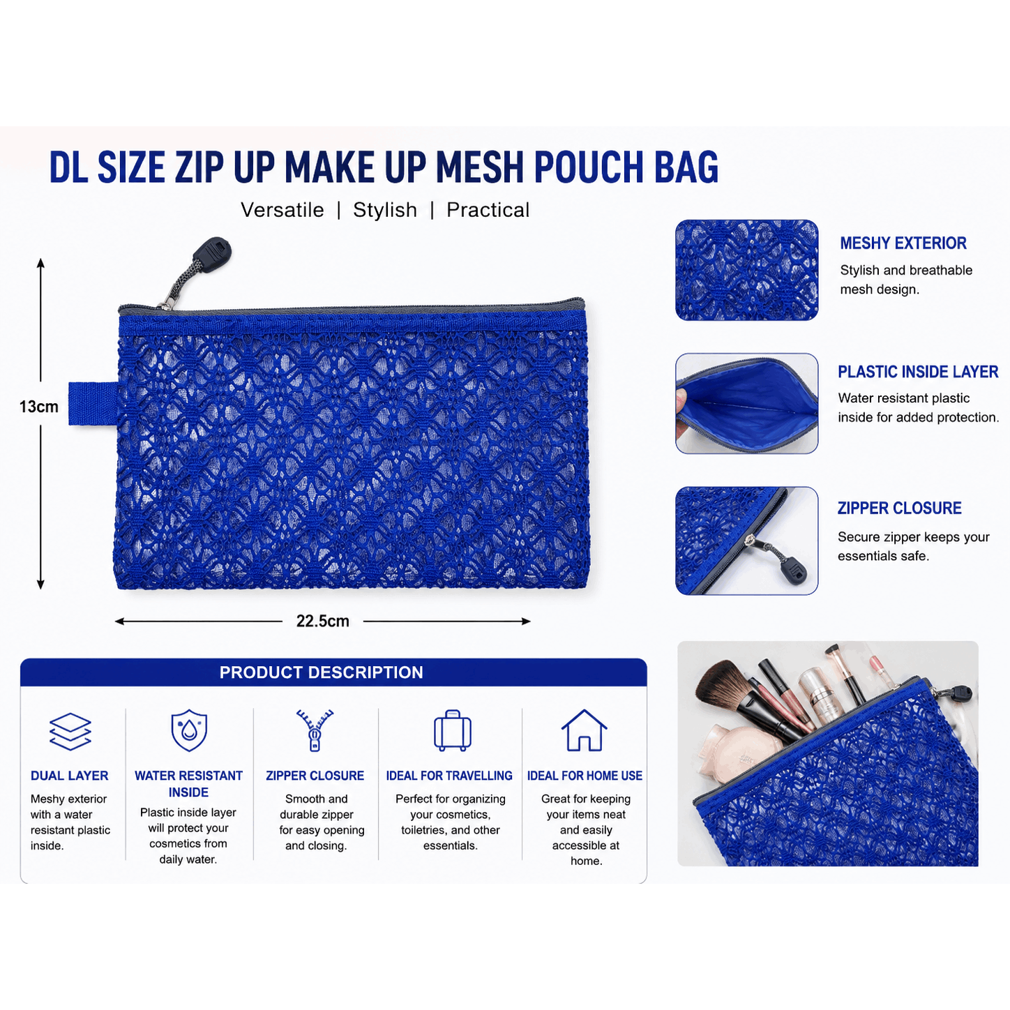 DL Size Versatile Decor Zip Mesh Plastic Pouch Bag