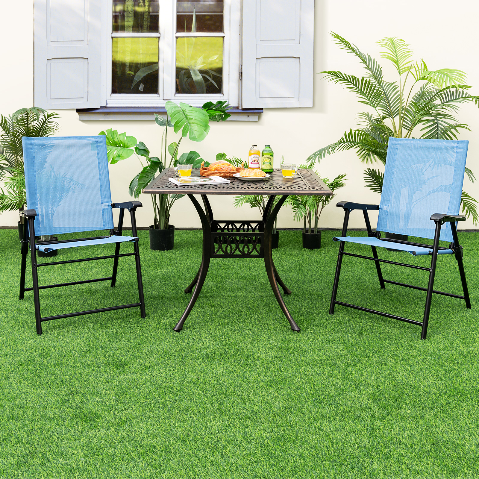 Image of Set Of 2 Patio Folding Chairs, Patio Dining Chairs With Metal Frame, Breathable Fabric Back & Seat, Portable Outdoor Sling Back Chairs For Lawn, Deck, Garden, Backyard, Poolside, Blue