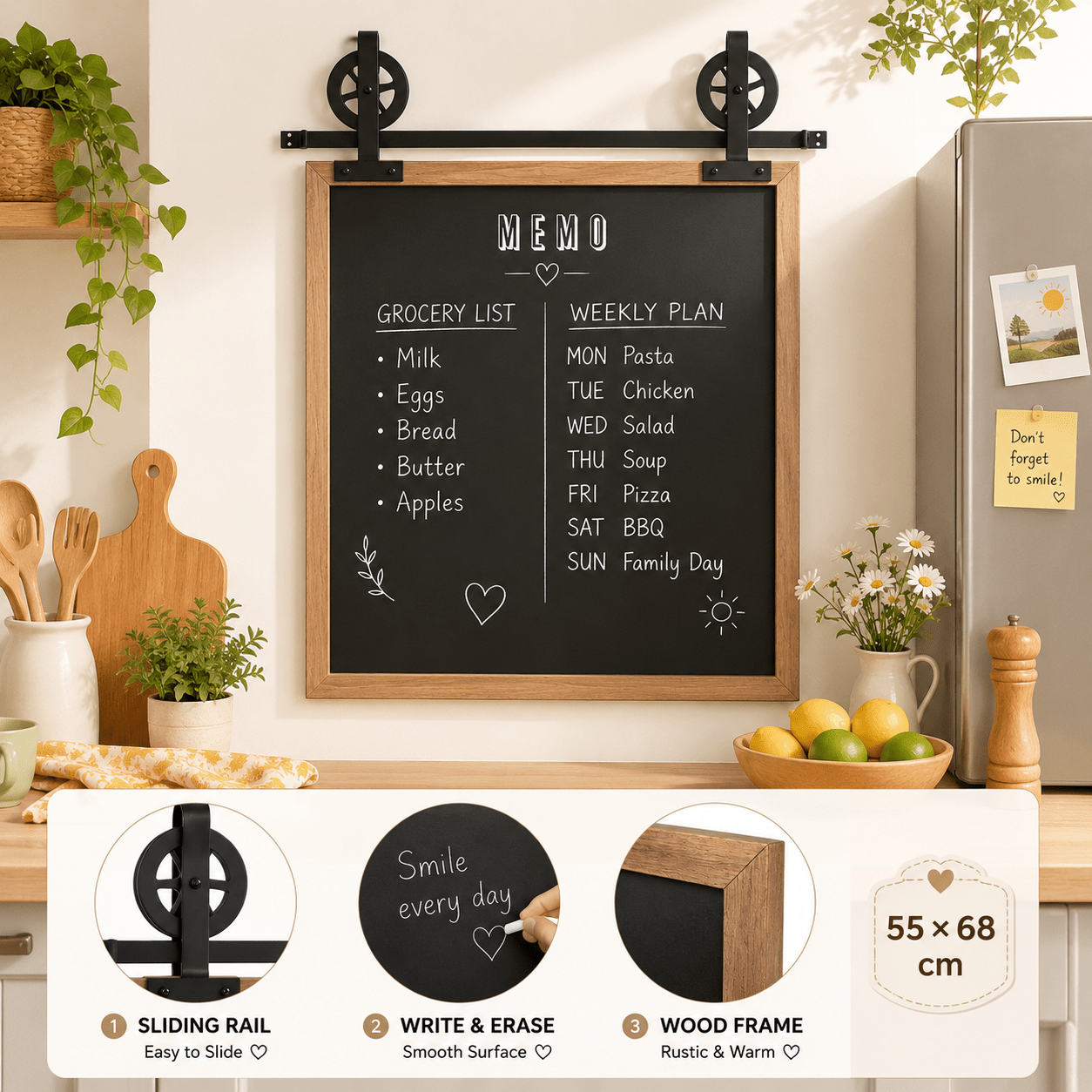Memo Board With Metal Rail Industrial Style - Erasable Writing Panel - Kitchen Office Entry Decoration - 55x68 Cm