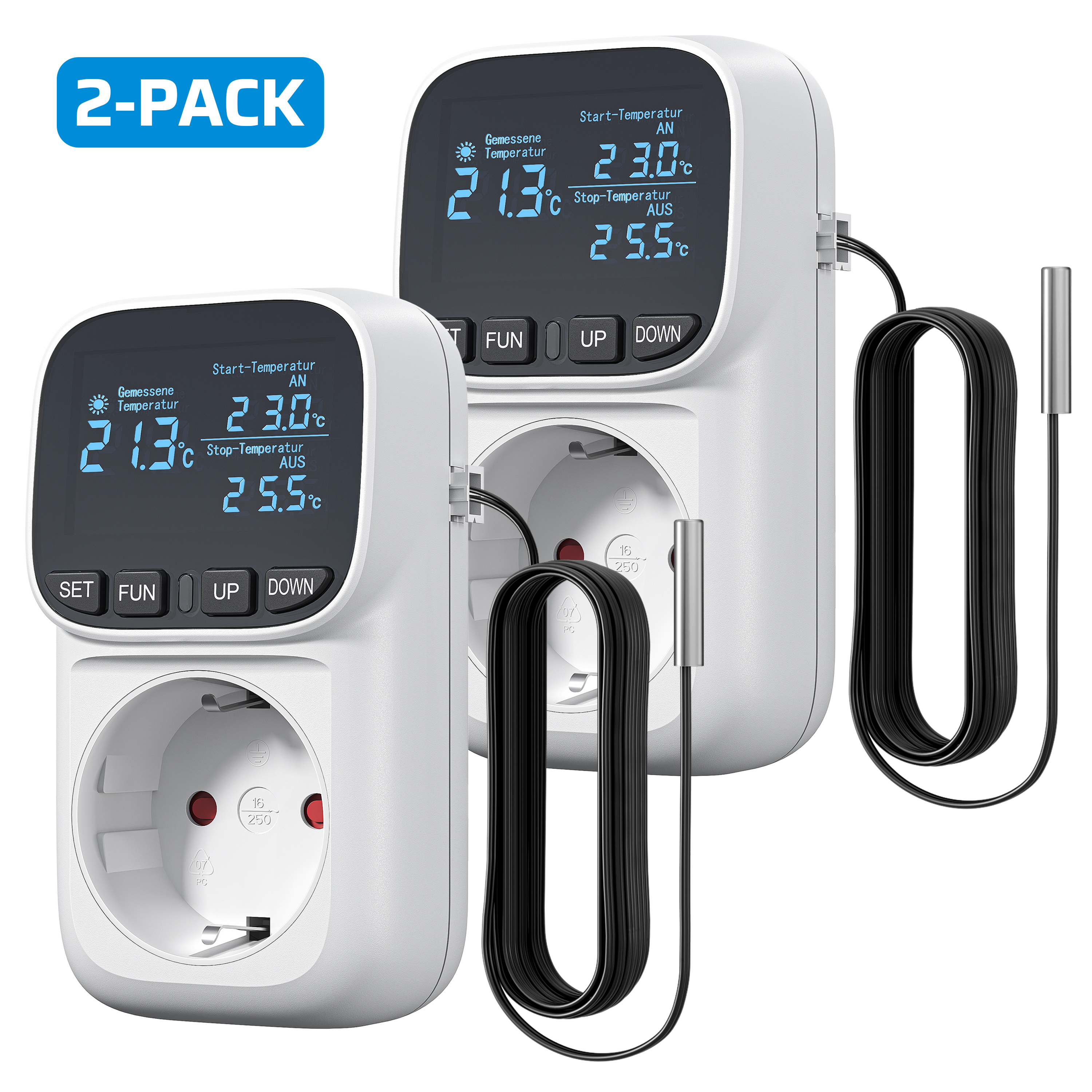 TEMU 2-pack Temperature Controller, Digital Thermostat Socket, German Display, Temperature Switch With Sensor 230v, Temperature Guardian With Heating