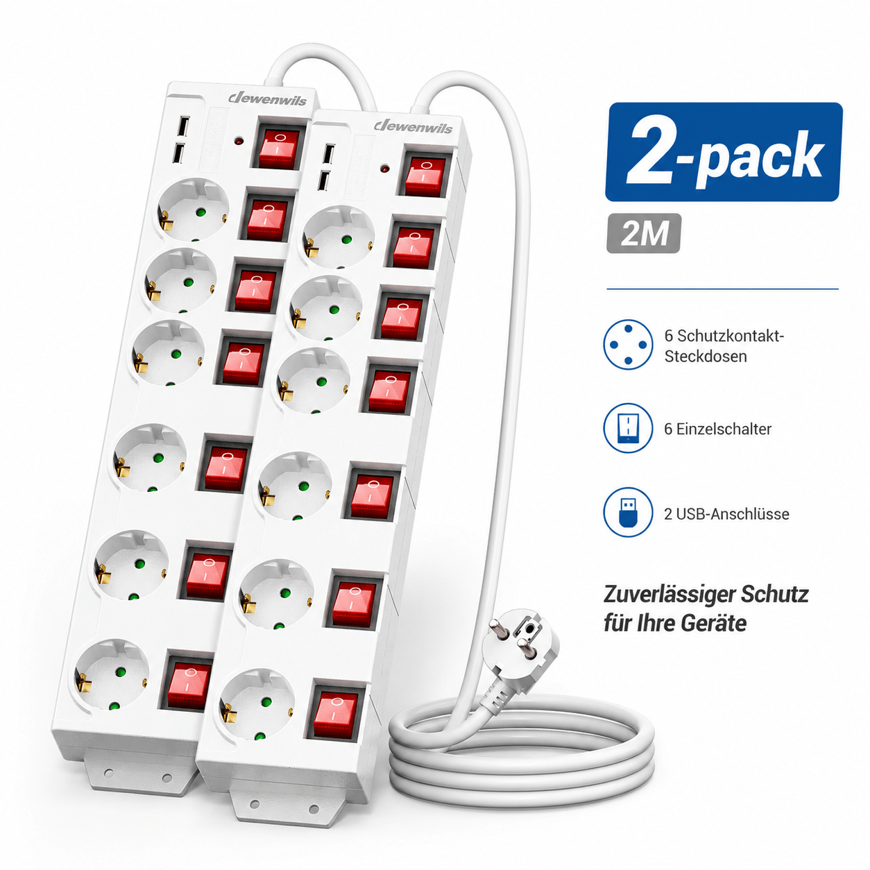 2-pack Individually Switchable Power Strip With Usb, 6-outlet Power Strip With Switch, Multi-socket Outlet With Protection, Child Safety Lock, 90° Rotated, 2m, White