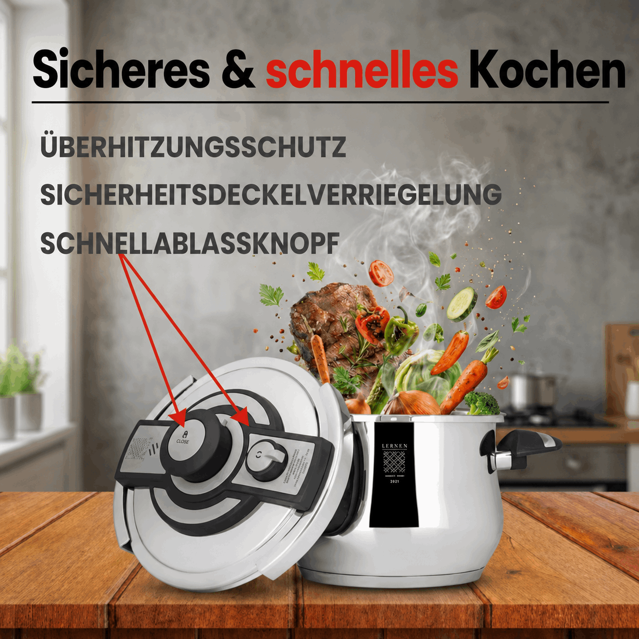 Image of Serenk 6l Stainless Steel Pressure Cooker, Dishwasher Safe, Induction Compatible, 3 Cooking , Safety Lock, Capsule Base