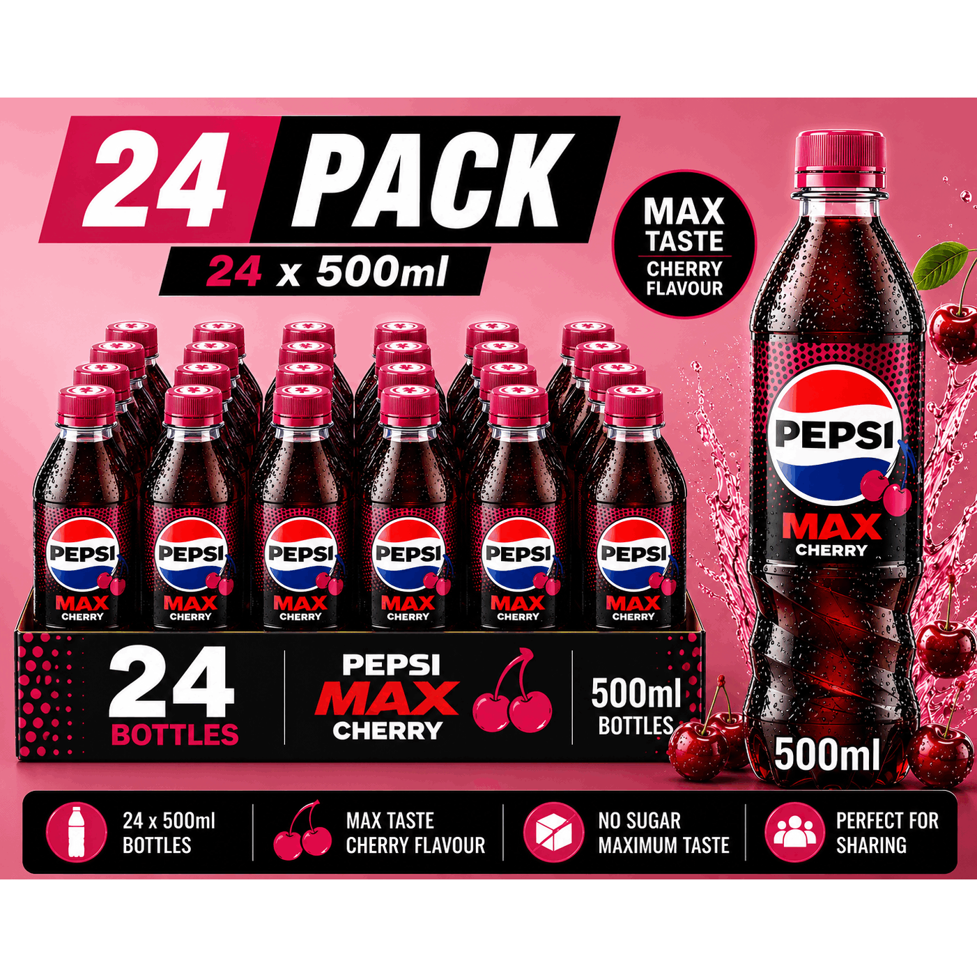 TEMU Max Cherry No Sugar Cola – Sparkling Soft Drink Bottles (24 X 500ml)