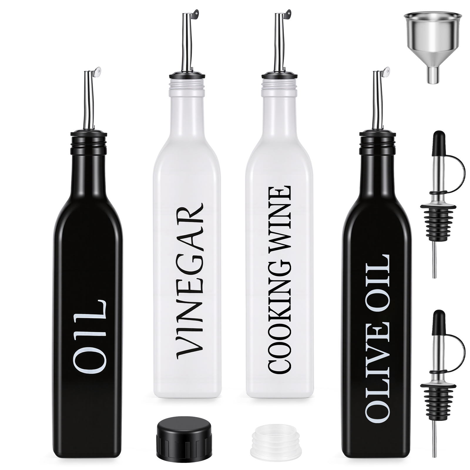 Set Of 4 Glass Bottles, 500ml Each (including Leak-proof Spout, Funnel, And Lid) With Automatic Opening And Closing Mechanism, Suitable For Soy Sauce, Vinegar, Cooking Wine, And Olive Oil