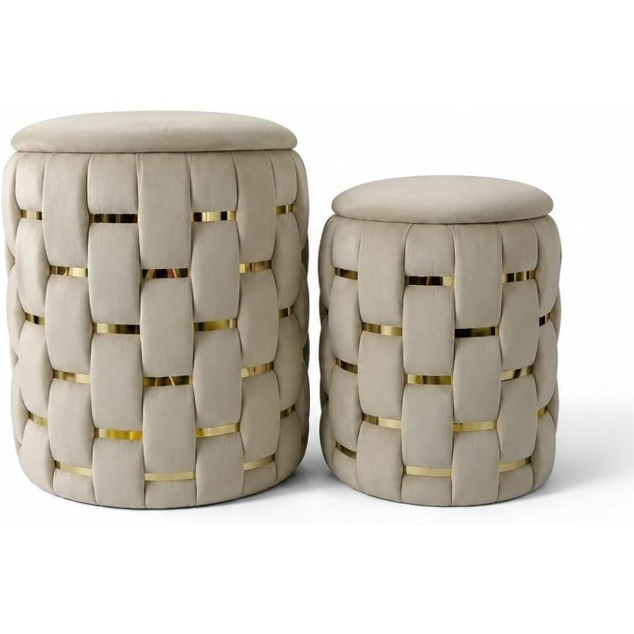 Image of Cecaro Group Set 2 Velvet Pouf Container With Gold Straps - Round Woven Design Pouf With Lid - Space-saving Upholstered Seat For Bedroom, Living Room And Entrance