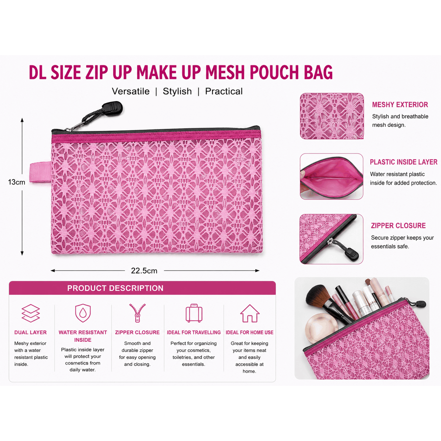 DL Size Versatile Decor Zip Mesh Plastic Pouch Bag