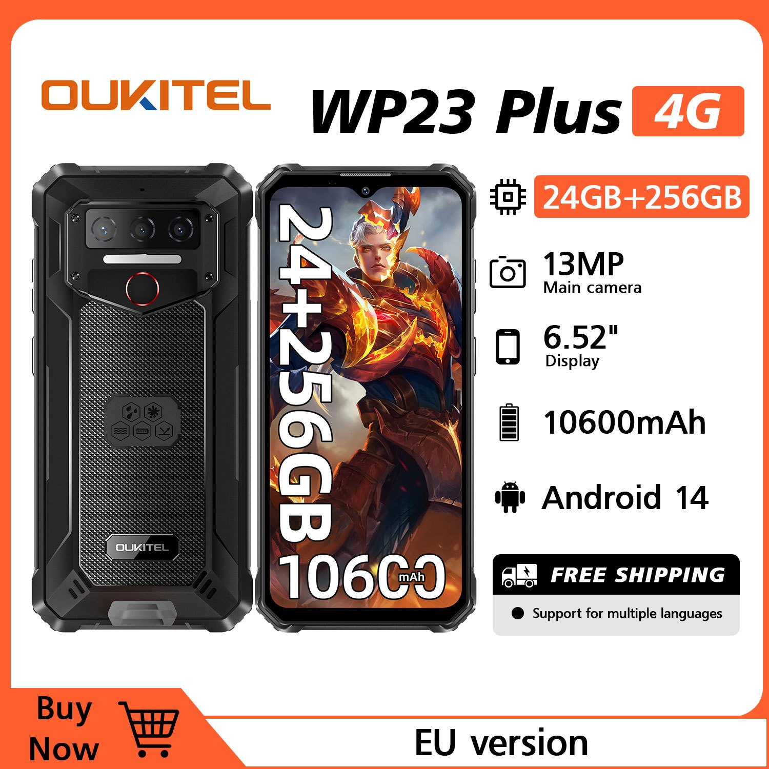 Oukitel Wp23 (2025), 10600mah 24gb +256gb Rom/1tb Mobile, 6.52" Phone 14, 13mp+5mp Camera, 4g /nfc/gps/otg//ip68/ip69k Mobile