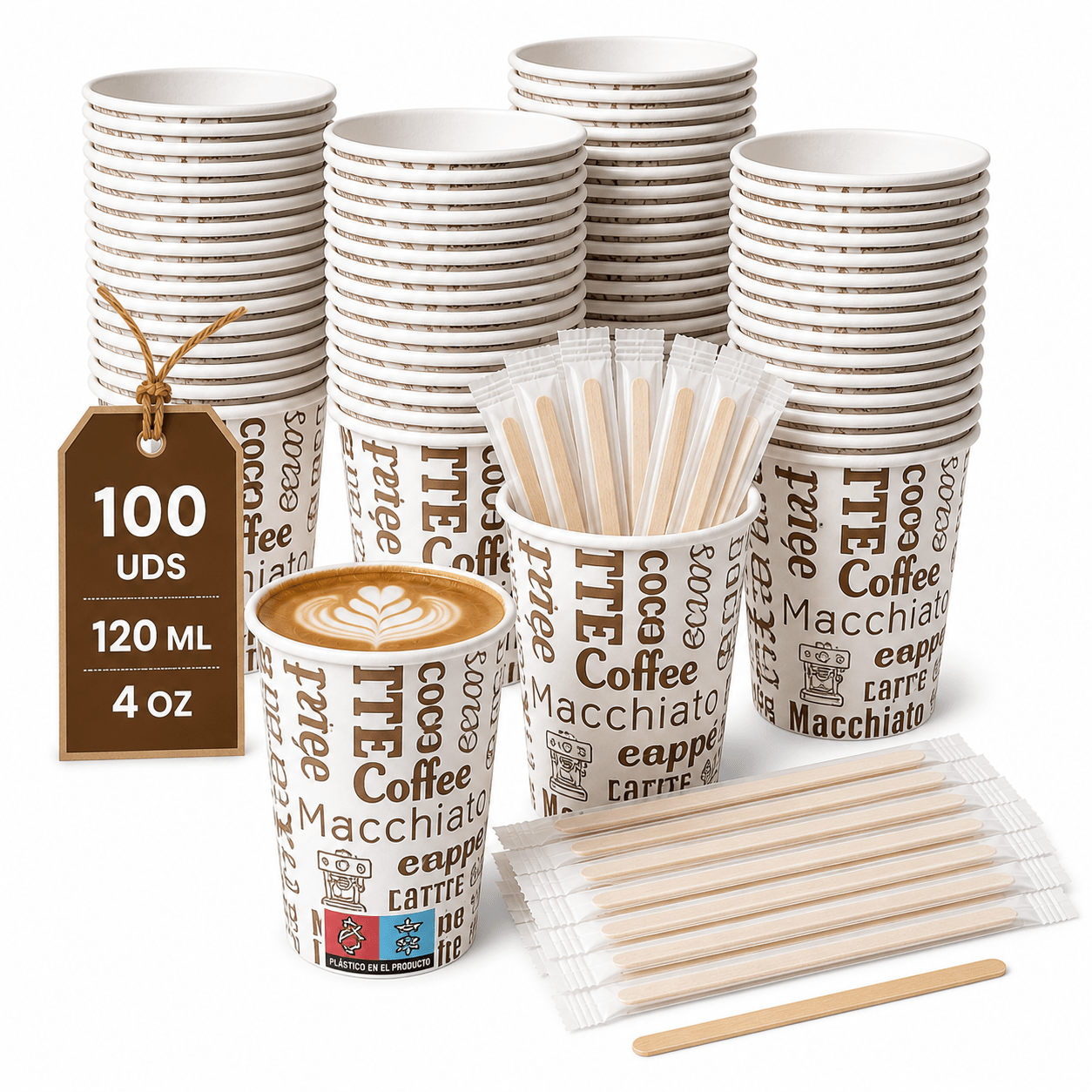 TEMU Vasos Cafe Desechables con Palitos de Madera - Vasos de Papel Estampado de para Hostelería