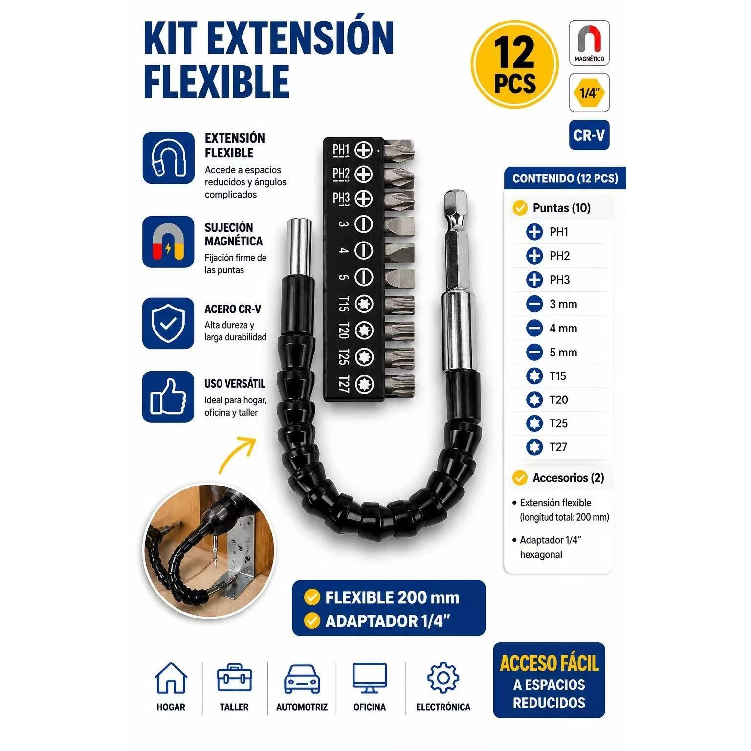 TEMU VORTEX Kit de extensión flexible de 12 piezas ideales para trabajos de bricolaje, reparación y