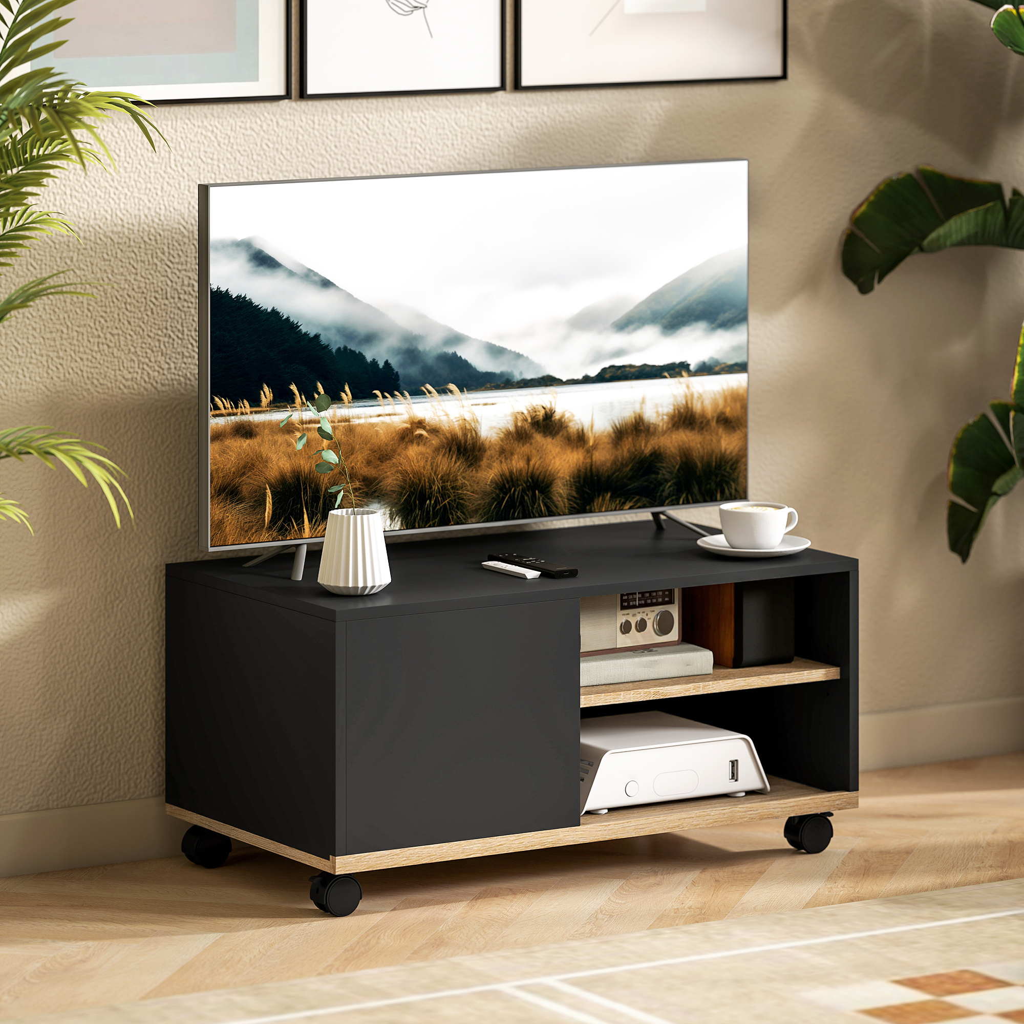 Tv Cabinet Lowboard On Wheels With Cabinet, Cable Management And Adjustable Shelf, Tv Table For Tvs Up To 32 Inches, Tv Board For Living Room, Black And Oak, 80 X 45 X 41 Cm