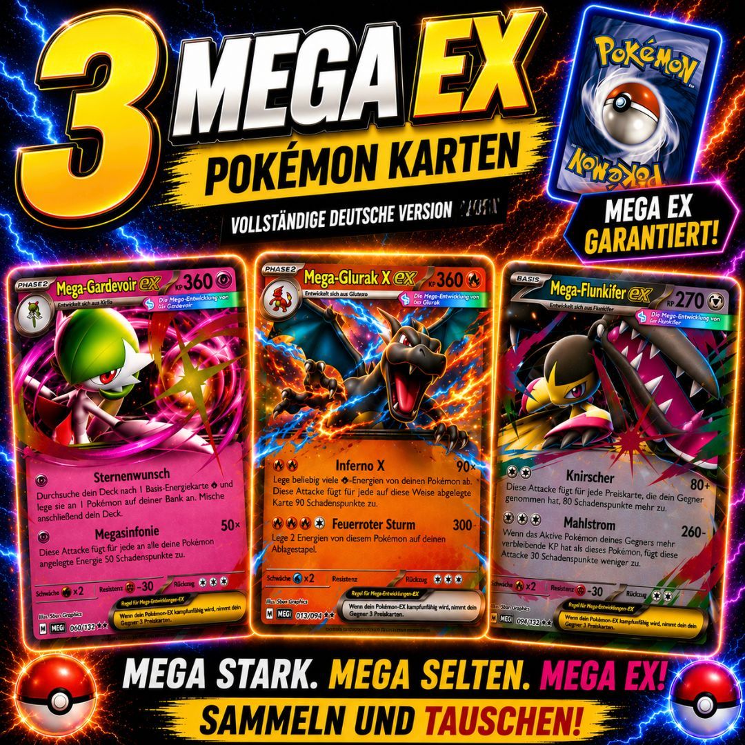 Set Of 3 Random Mega Ex - German Version - Ultra Rare - 100% Authentic - Guaranteed No Duplicates
