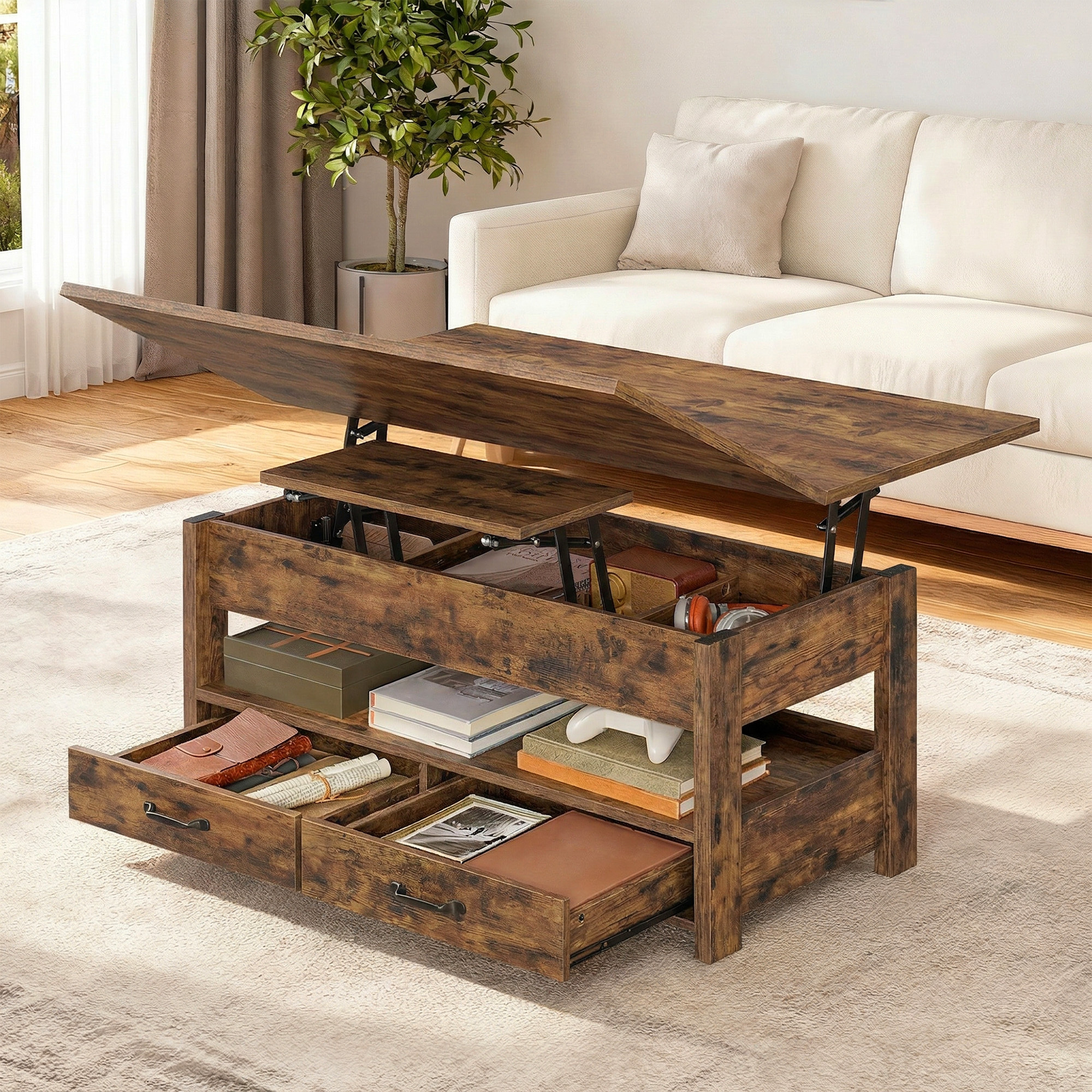 Image of Coffee Table, Height-adjustable Living Room Table, Gas Cylinder, 2 Drawers And 3 Compartments Top, Coffee Table, 1 Open Compartment, For Living Room, Home Office, .