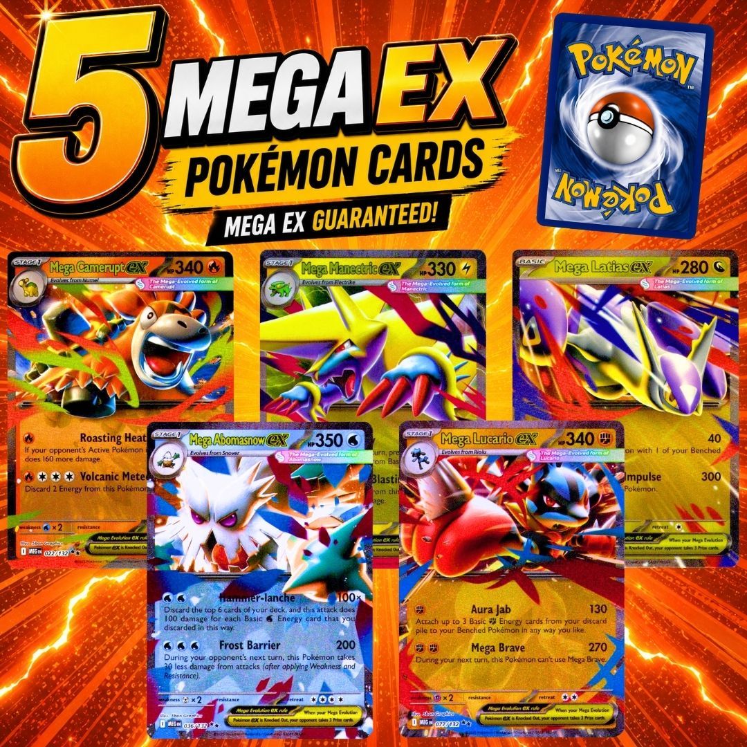TEMU Set van 5 Willekeurige MEGA EX Pokémon Kaarten - Engelse Versie - Ultrazeldzaam - 100% Authentiek - Gegarandeerd Geen Dubbel Exemplaren