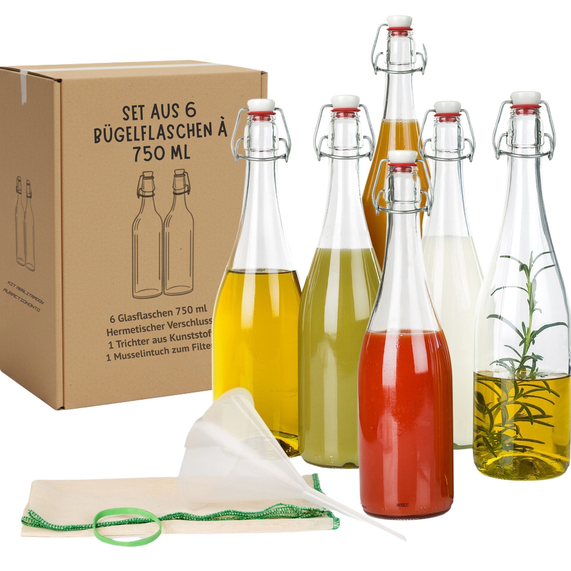 Image of Myferments - Set Of 6 750ml Crystal Bottles With Hermetic Closure | Reusable Grolsch Fermentation Bottle Kit | Includes 10cm Funnel, 50x50cm Muslin Cloth | For Water, Juices, Beer, Kombucha, Oils