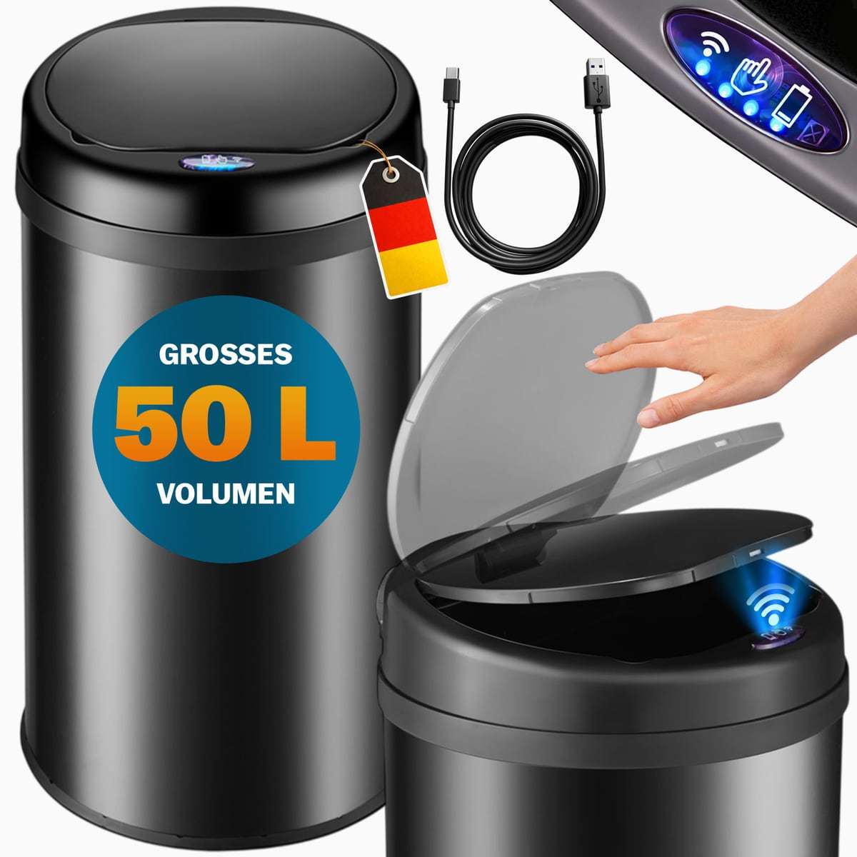 Trash Can Kitchen With Lid Sensor 50l Stainless Steel Usb Charging Cable Touchless Hygienic Paper Bin Automatic Waste Bin Office Recycling