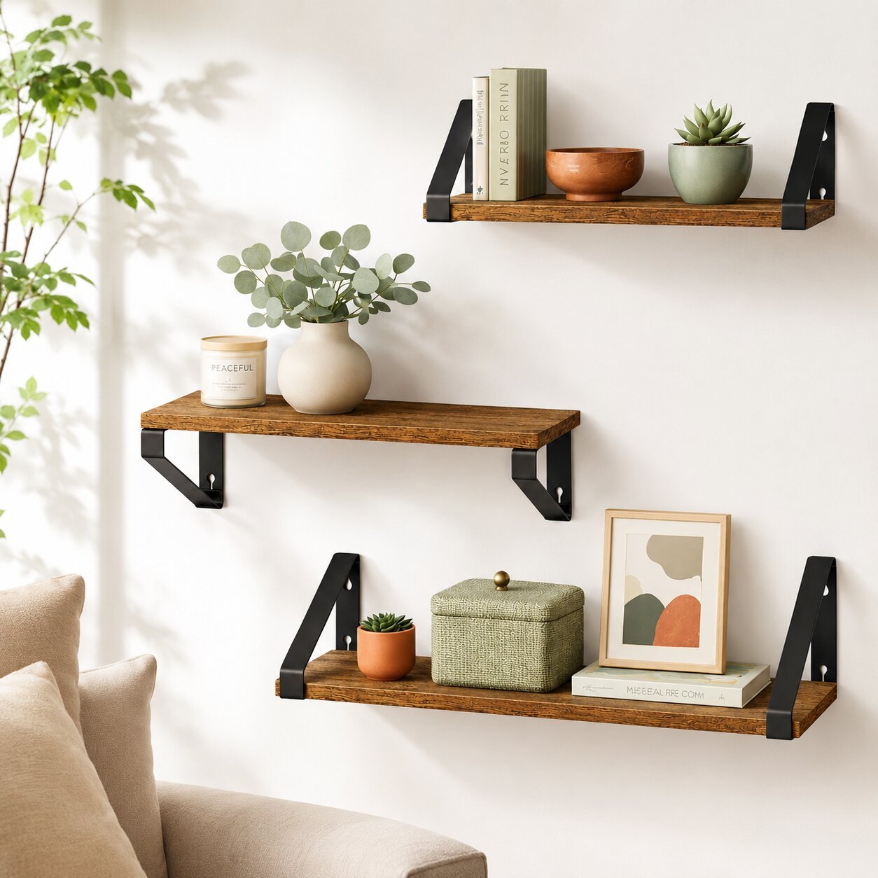 Image of 3-piece Set Wall Shelves Wood Metal – Vintage Floating Shelves For Living Room, Kitchen, Bathroom, Wall Shelf, Floating Shelf, Kitchen Shelf, Bookshelf