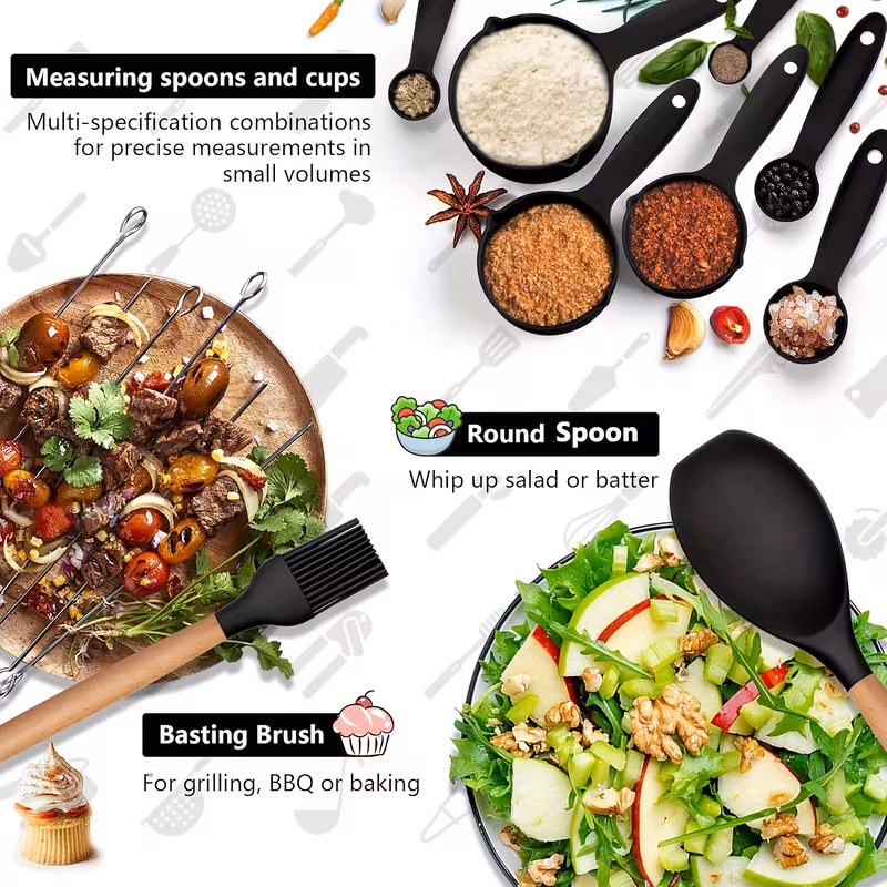 kitchen utensils set 23pcs silicone cooking utensils with holder heat resistant nonstick cookware tongs spatula spoon set wooden handles kitchen tools gadgets black details 4