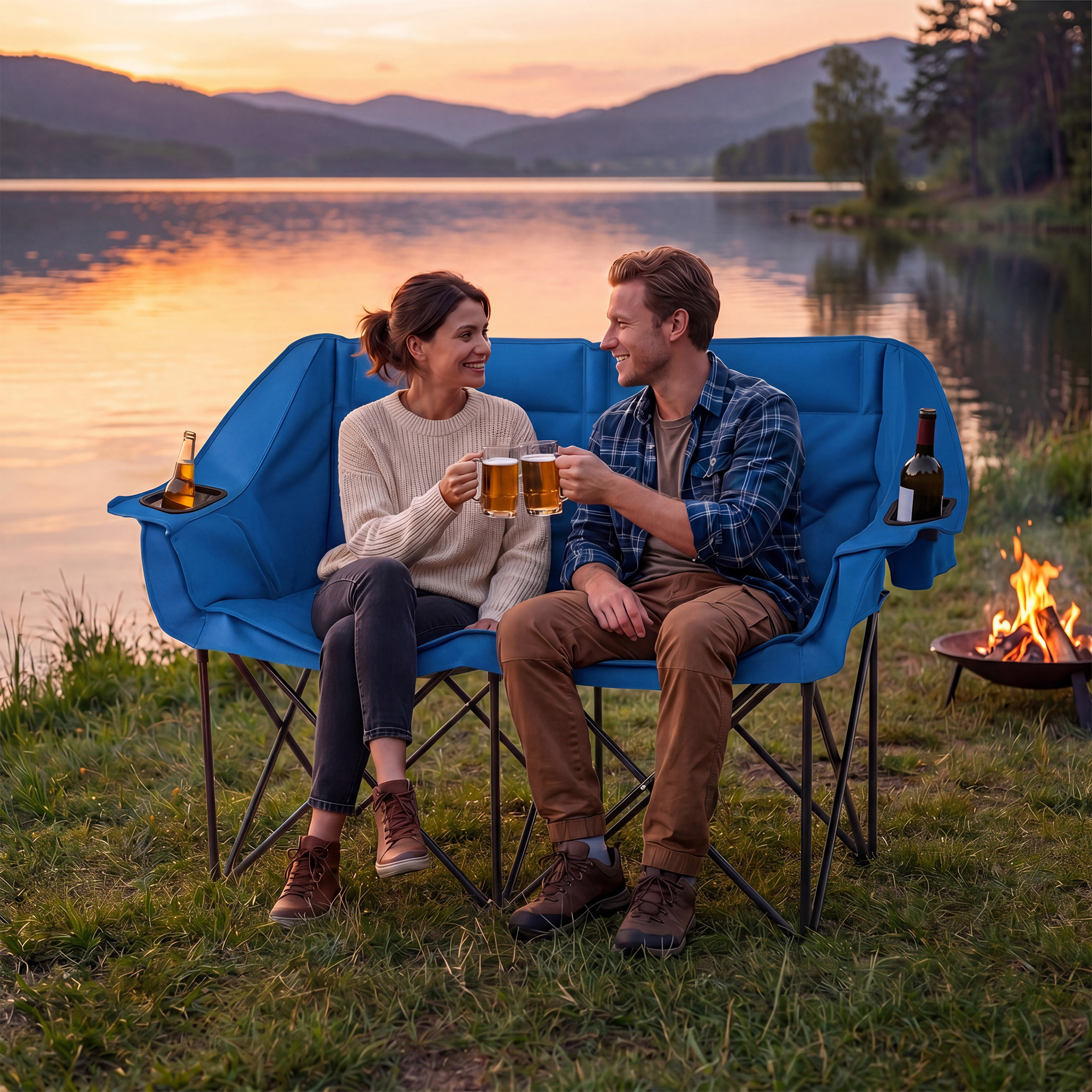 Image of 2-seater Camping Chair, Folding Garden Chair With Metal Legs, Padded Seat And Backrest, Outdoor Chair With Carry Bag And Cup Holder, For Fishing, Travel