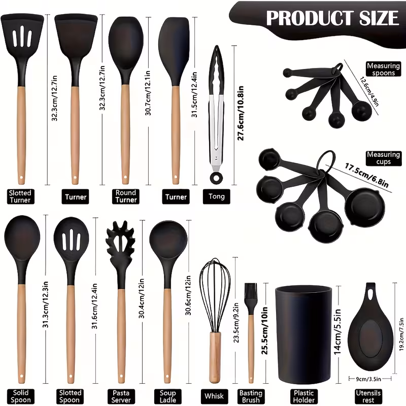 kitchen utensils set 23pcs silicone cooking utensils with holder heat resistant nonstick cookware tongs spatula spoon set wooden handles kitchen tools gadgets black details 1