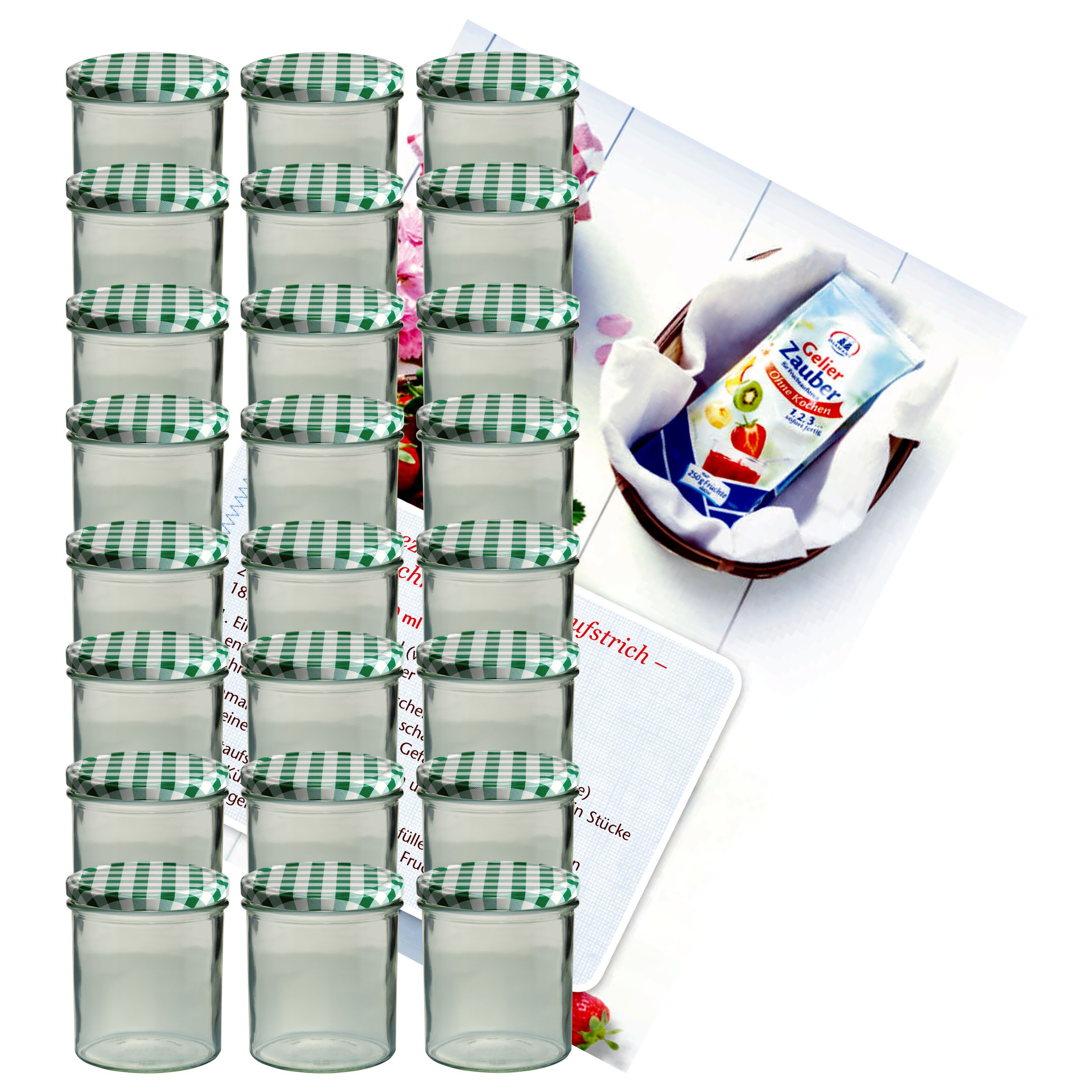 Image of 24-piece Set Of 350ml Drop Glass Jars With Green Checkered Lids, Ideal For Jam, , And Canning, To 82
