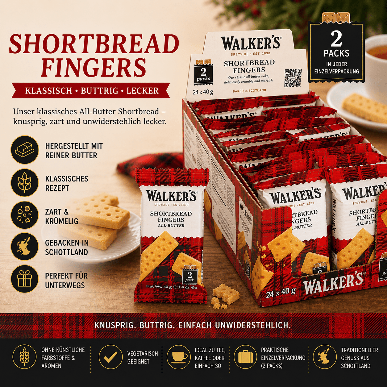 Image of Walker’s Shortbread Fingers 24x40g – Original Butter From Scotland – Crispy Scottish Shortbread In Convenient Individual Packs – Tea Time Pastries & Snack Box