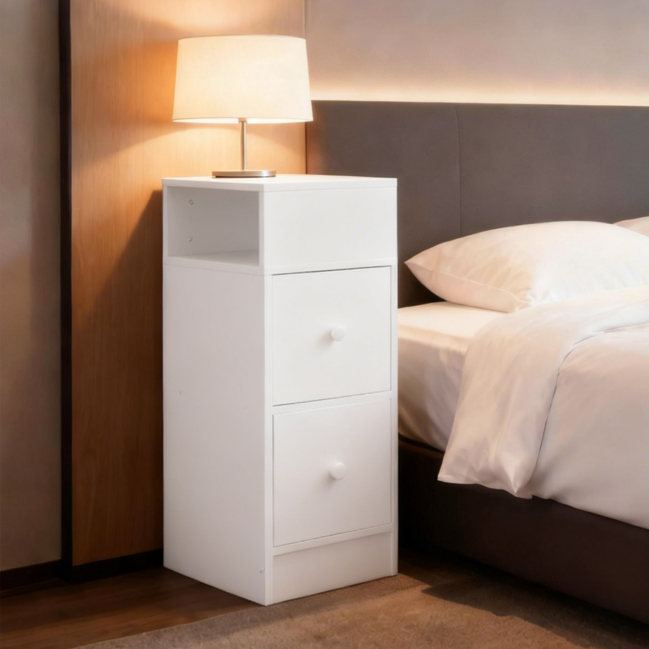 Slim Bedside Table, Narrow Bedside Cabinet With Open Shelf And 2 Drawers, Modern Nightstand For Bedroom, Living Room