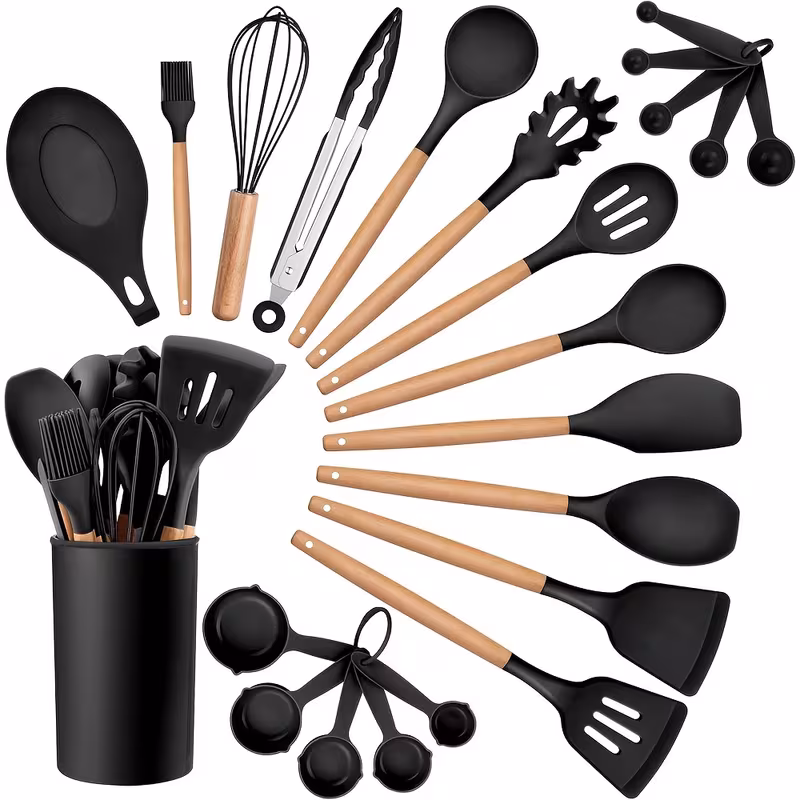 kitchen utensils set 23pcs silicone cooking utensils with holder heat resistant nonstick cookware tongs spatula spoon set wooden handles kitchen tools gadgets black details 0