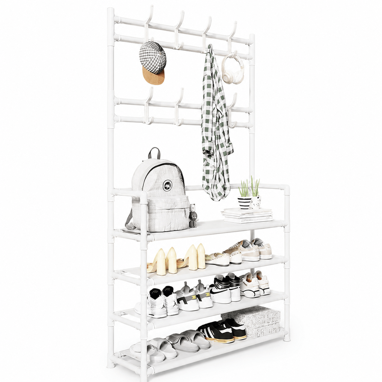TEMU Shelf 4 Tiers With Hooks And Hangers – Space-saving Coat Rack In Steel 60x26x152 Cm – Entryway Organizer For Shoes, Jackets, Bags, And