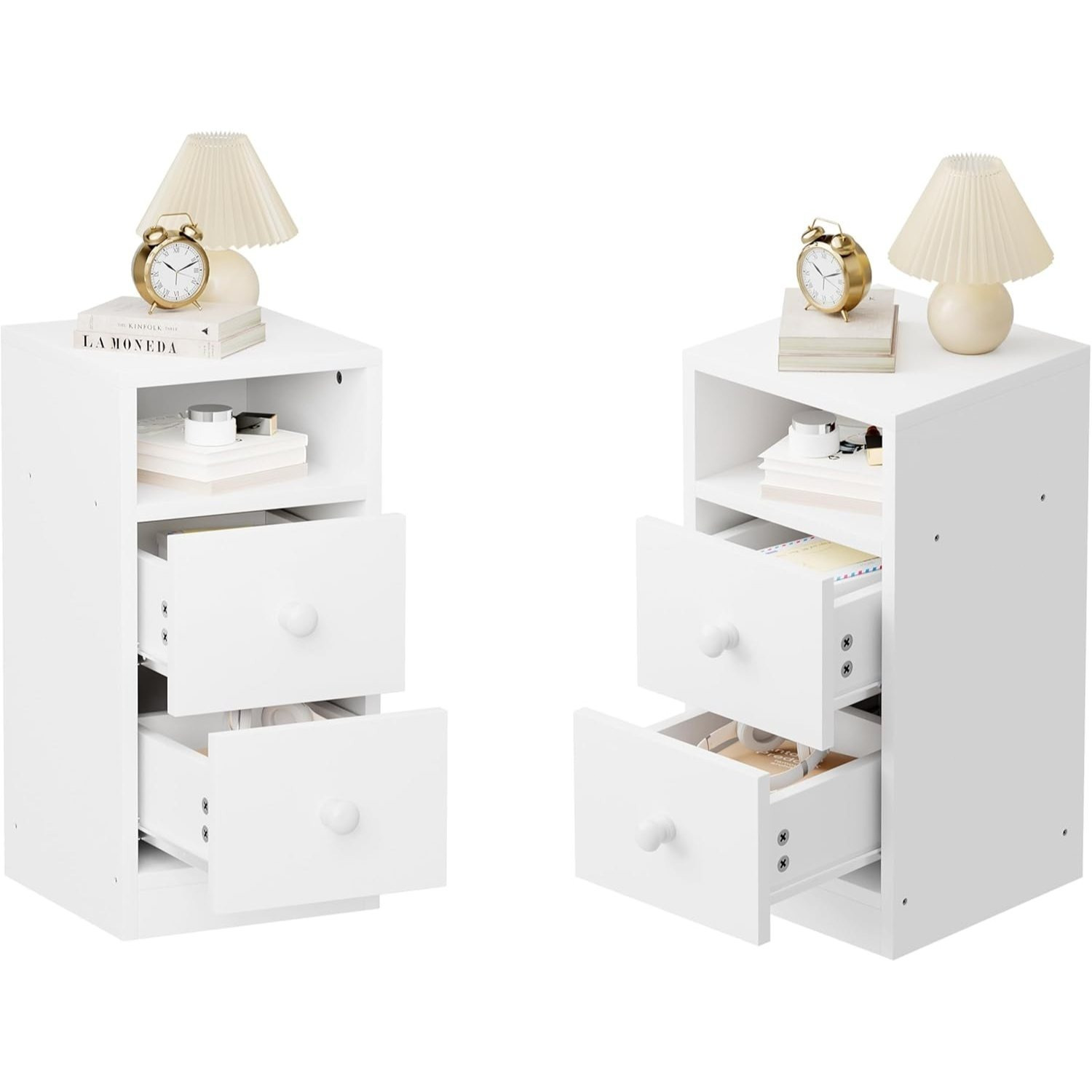 Image of Bonnlo Nightstand White - Side Table, 2pcs Set, Dresser With 2 Drawers Made Ofwith Storage Space For Bedroom, 25 X 30 X 60 Cm