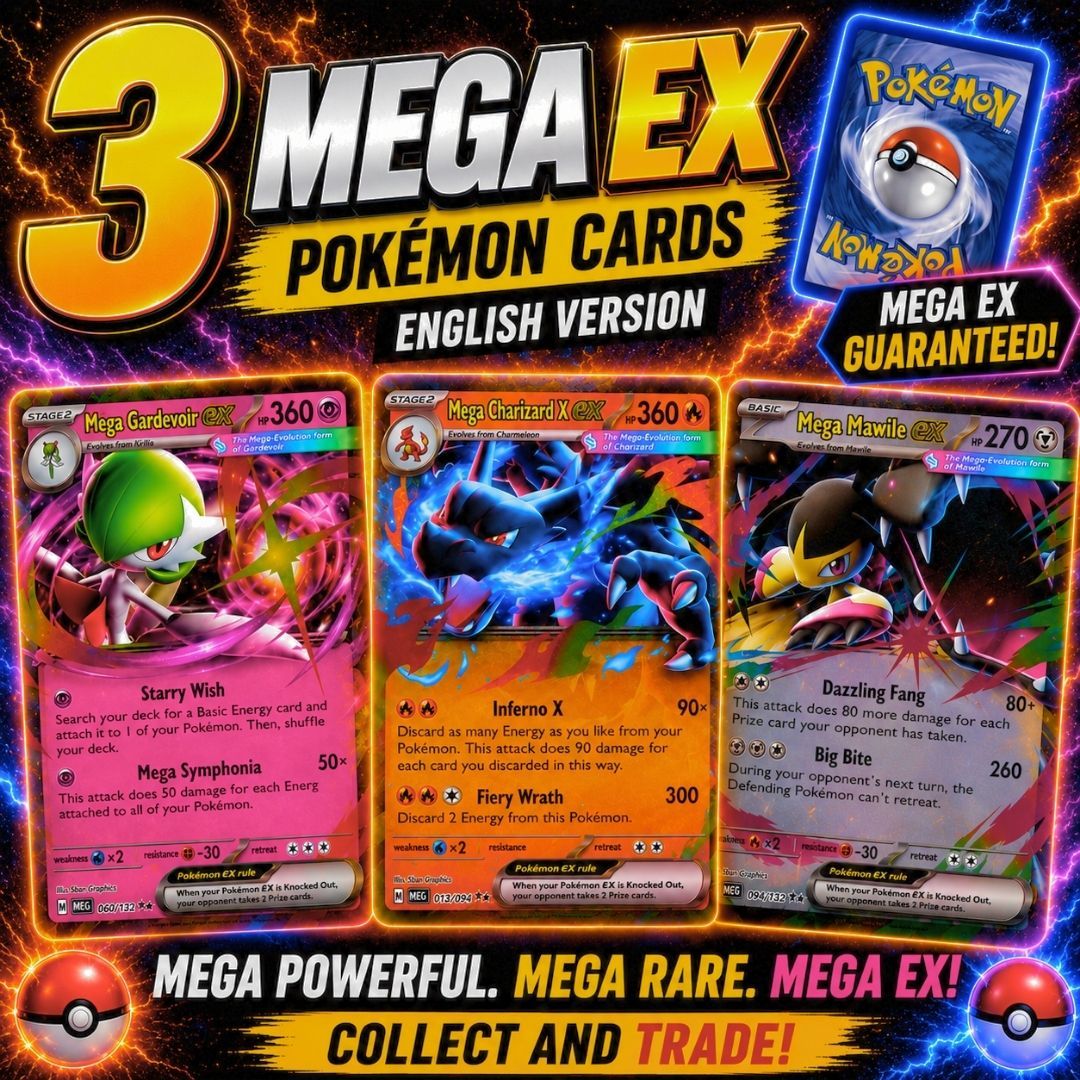 TEMU Set van 3 Willekeurige MEGA EX Pokémon Kaarten - Engelse Versie - Ultrazeldzaam - 100% Authentiek - Gegarandeerd Geen Dubbel Exemplaren