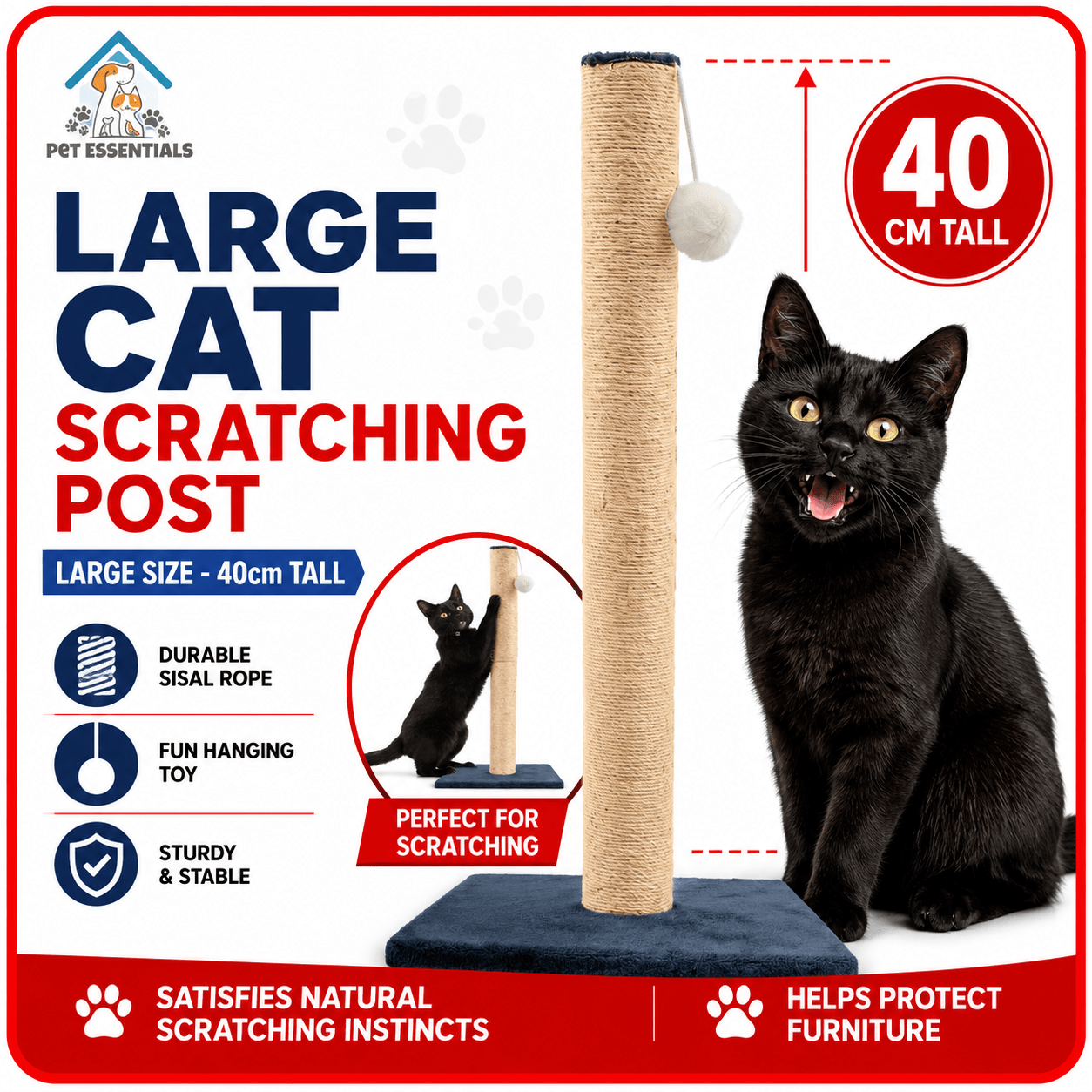 TEMU Large Cat Scratching Post 60cm | Sisal Cat Scratcher With Hanging Ball Toy | Tall Indoor Cat Scratch Pole | Interactive Cat Activity Tower For