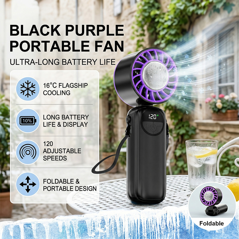 TEMU Ventilateur portable, mini ventilateur portable noir et violet, réfrigération avancée à 16°C, vent turbo à 120 vitesses, ventilateur personnel