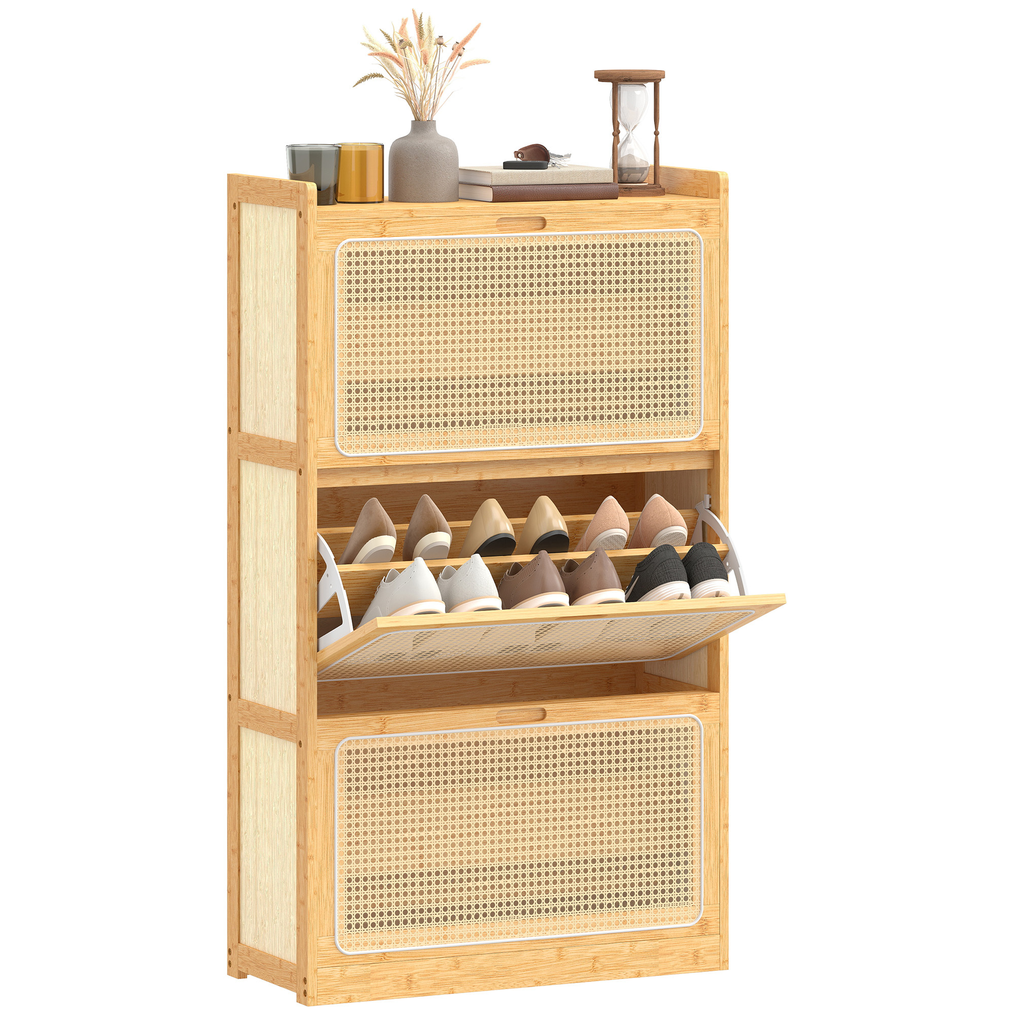 TEMU Meuble à chaussures 21 paires en bambou, armoire à chaussures étroite avec 3 tiroirs rabattables et étagères réglables, style bohème, pour