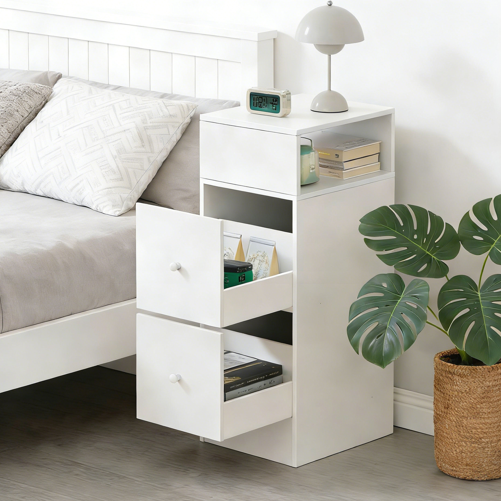 2 Drawers Slim Bedside Cabinet, Narrow Nightstand Side Table, Bedside Table With Open Shelf For Bedroom, Living Room Sofa Side End Table