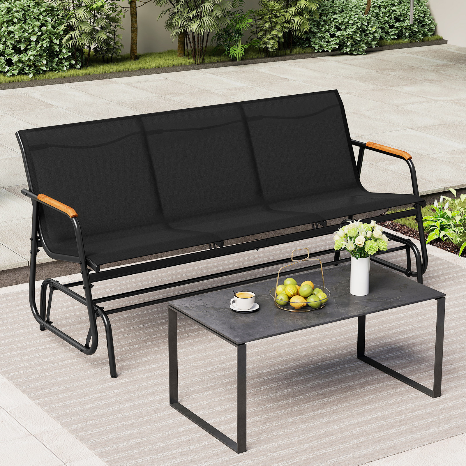 Image of Patio Glider Bench For 3, Swing Gliding Long Seat W/ Curved Teak Armrests & Breathable Fabric Seat, Outdoor Metal Frame Rocking Chair For Porch, Backyard, Poolside