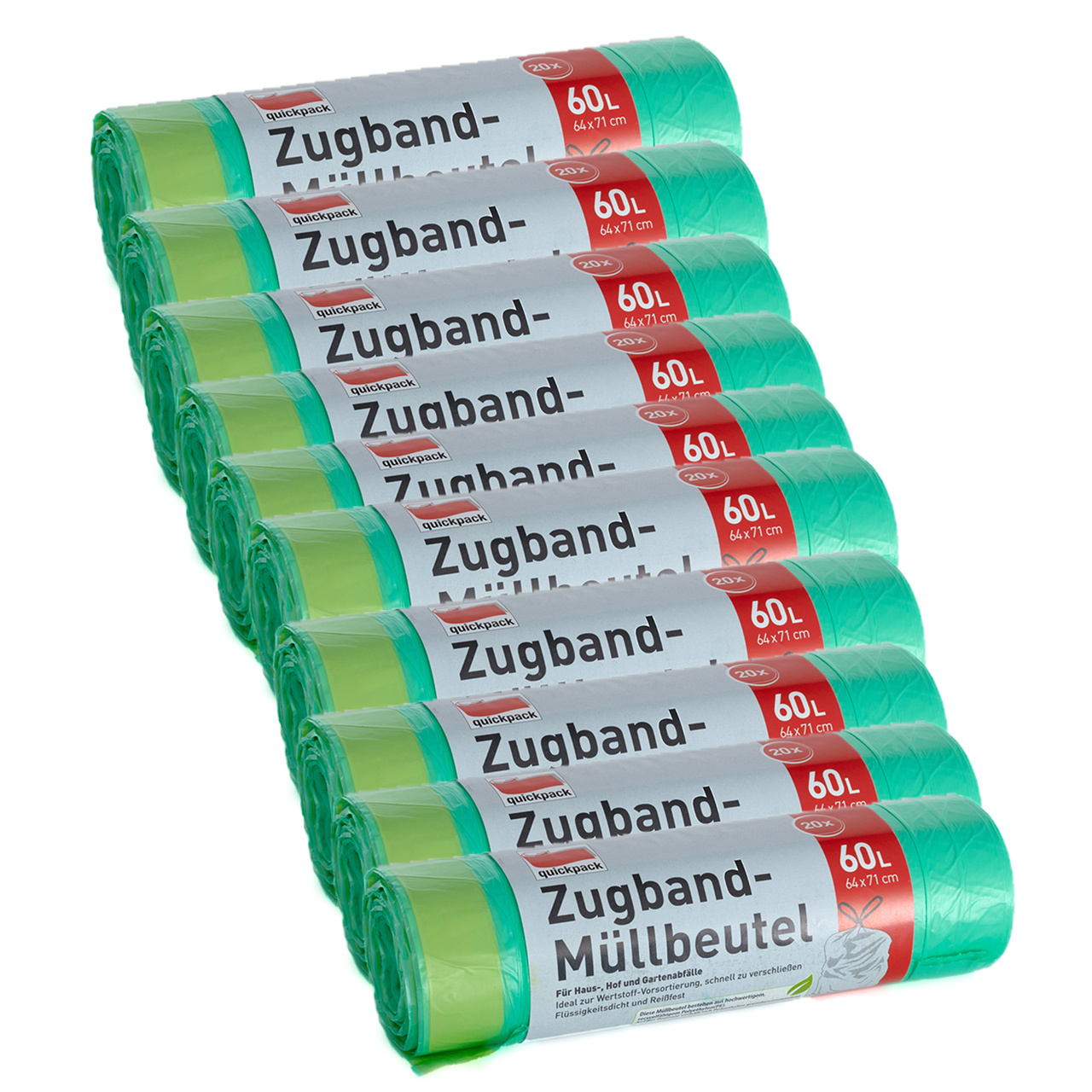 Trash Bags 60 | 10 Rolls Of 20 Bags (200 Bags Total) | Size: 64 X 71 Cm | Green | With Drawstring