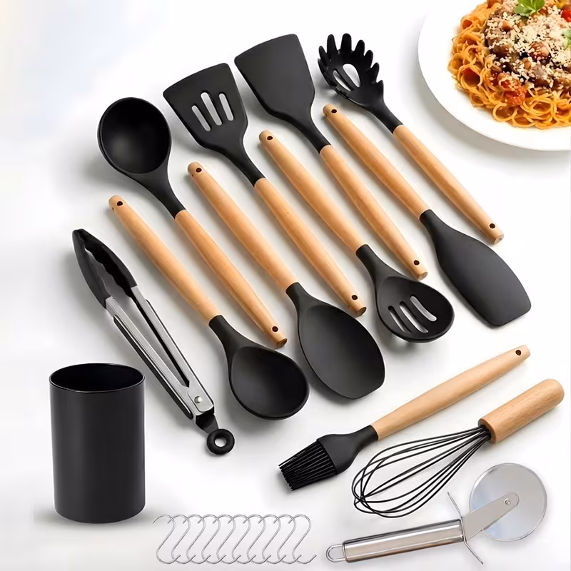 kitchen utensils set 23pcs silicone cooking utensils with holder heat resistant nonstick cookware tongs spatula spoon set wooden handles kitchen tools gadgets black details 2