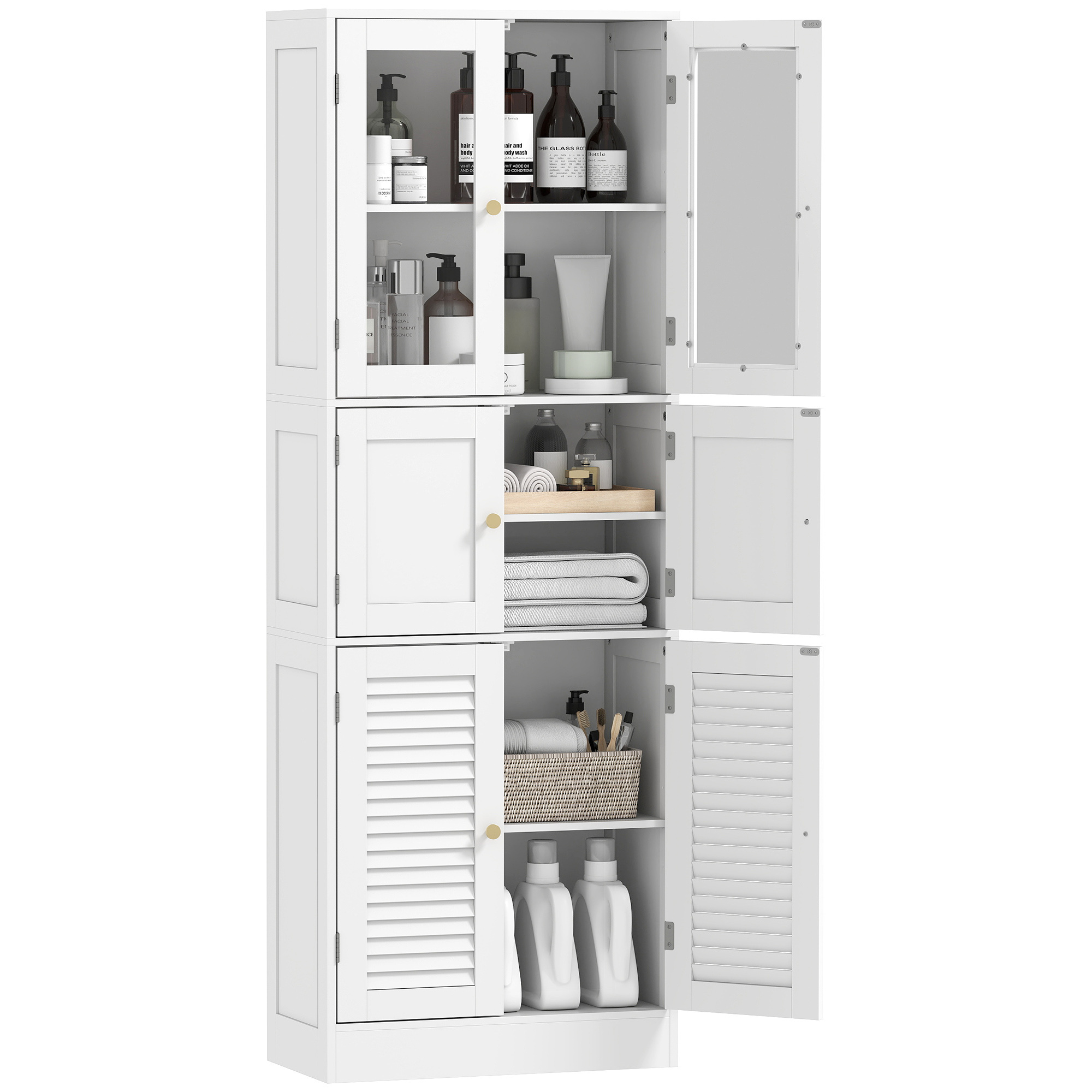   tall bathroom cabinet storage cabinet bathroom column with 6 doors including 2 glass doors and 2 shutters adjustable shelf   for living room bedroom 60x30x170cm white