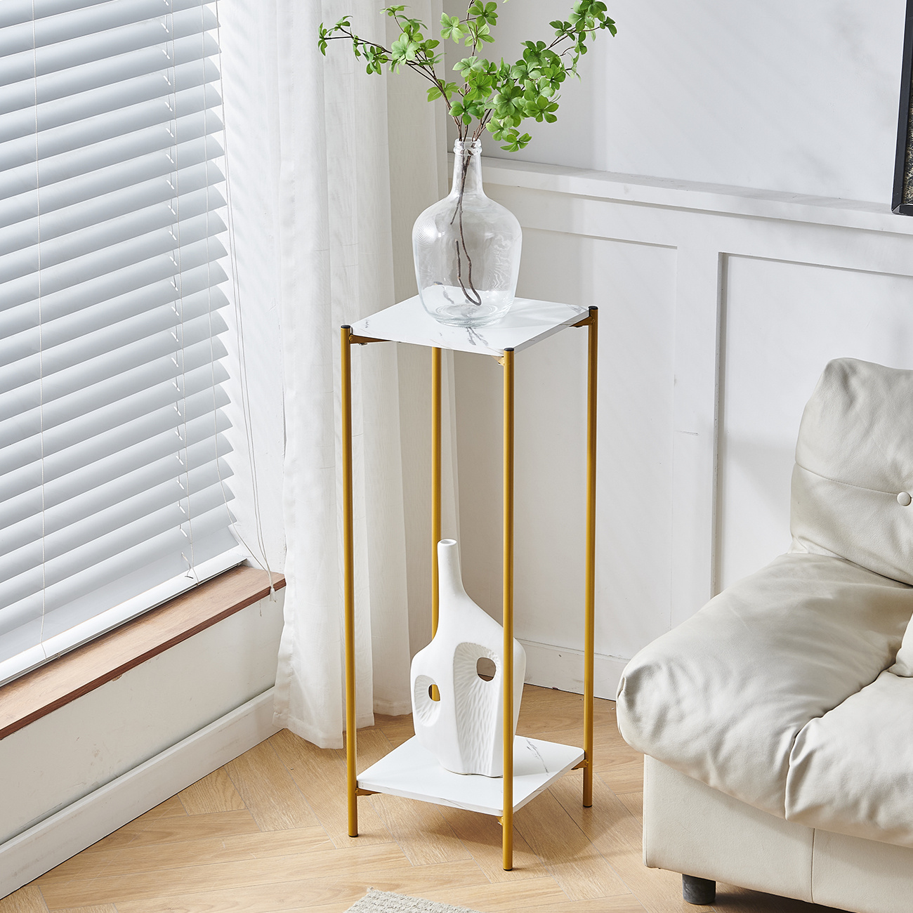 Image of Modern Tall 2-tier Plant Stand Indoor, 90cm Round Plant Stand Side Table With Golden Metal Frame, Corner Plant Shelf Display Stand Holders For Living Room Balcony Bedroom
