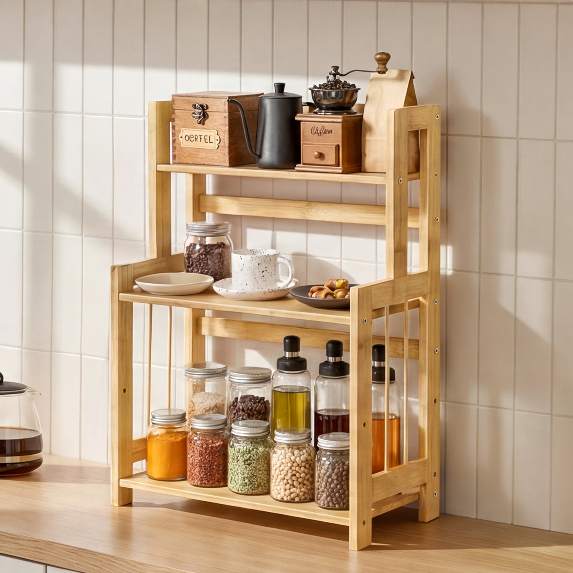 TEMU Gewürzregal mit 3 Ebenen 18T x 41B x 53H cm, Küchenregal, Aufbewahrungsregal, für Arbeitsplatte, Bambusgestell, für Küche, Esszimmer, Büro